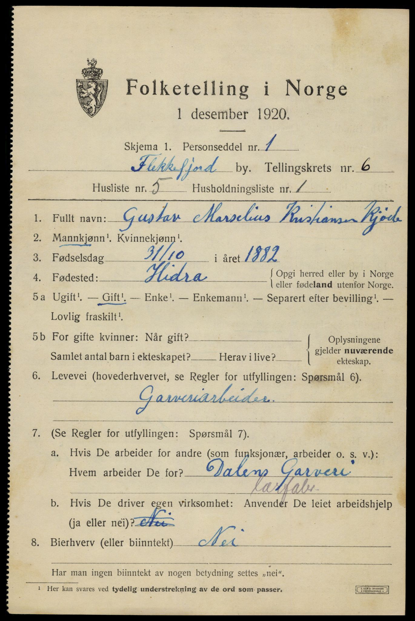 SAK, Folketelling 1920 for 1004 Flekkefjord kjøpstad, 1920, s. 5802