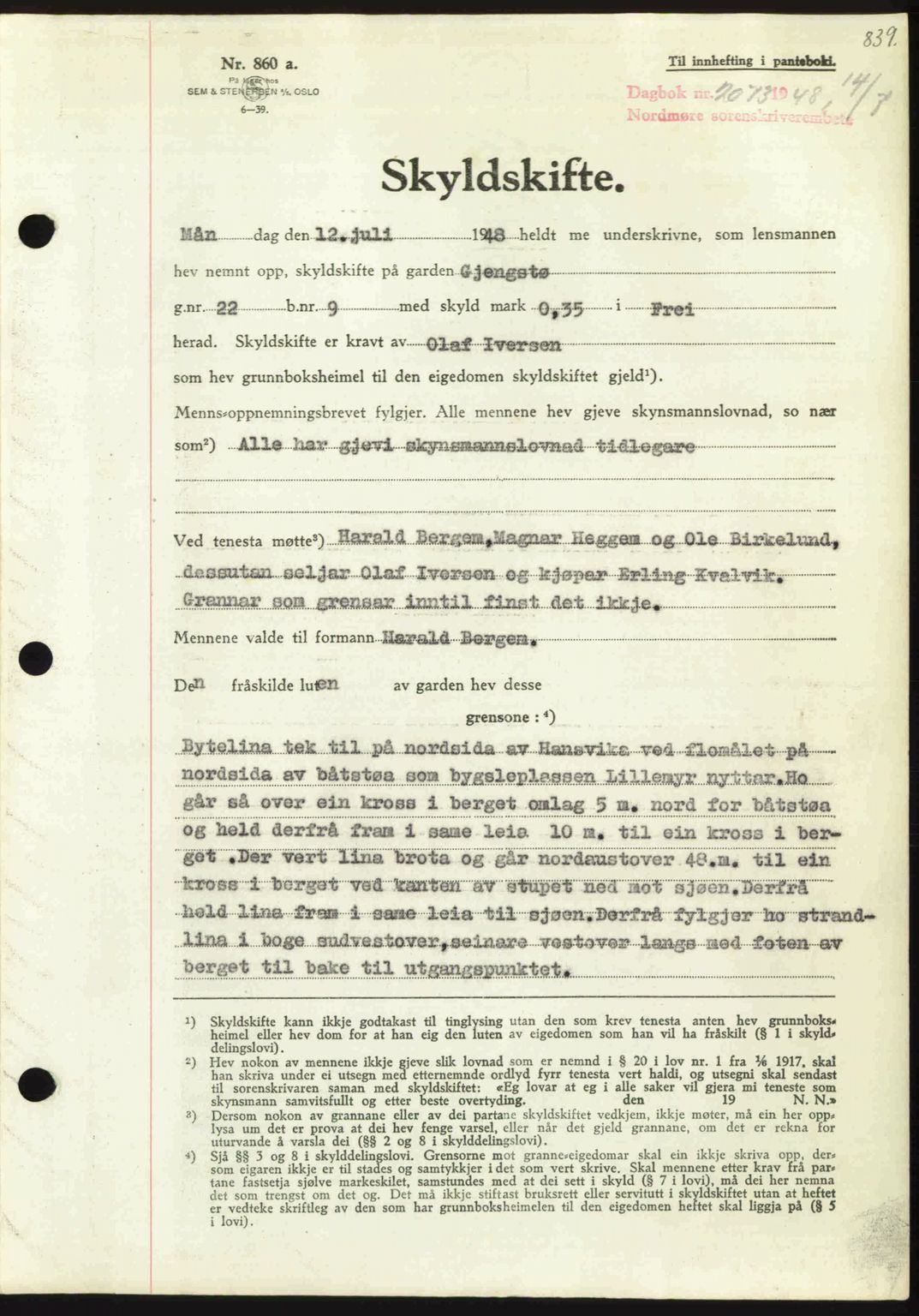 Nordmøre sorenskriveri, SAT/A-4132/1/2/2Ca: Pantebok nr. A108, 1948-1948, Dagboknr: 2073/1948