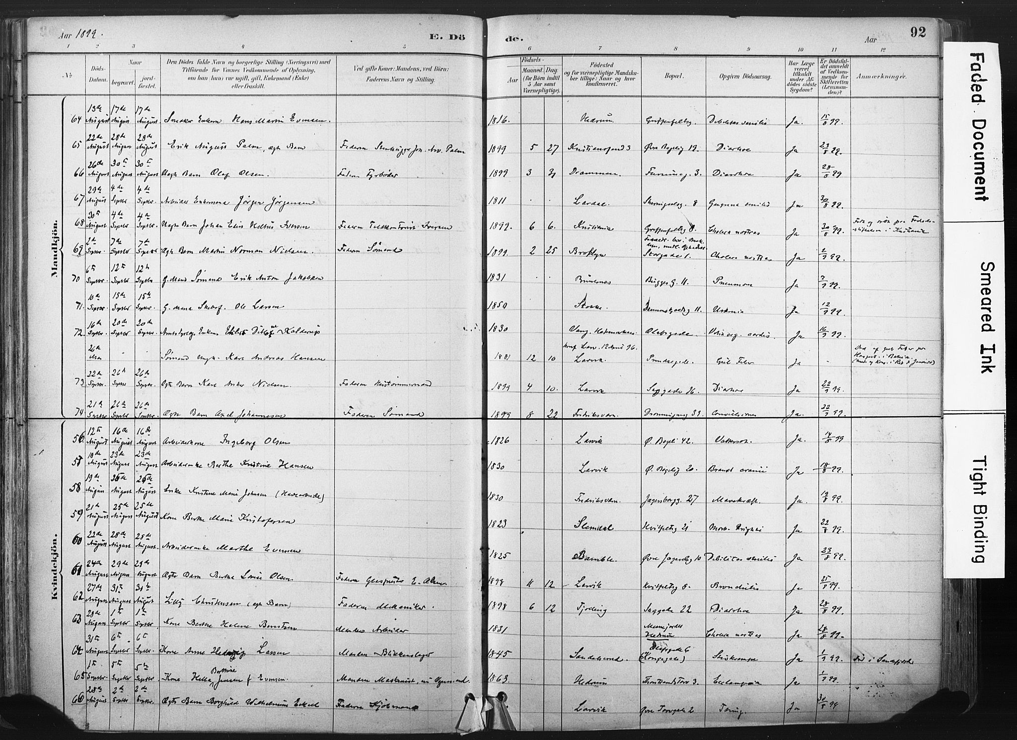 Larvik kirkebøker, AV/SAKO-A-352/F/Fa/L0010: Ministerialbok nr. I 10, 1884-1910, s. 92