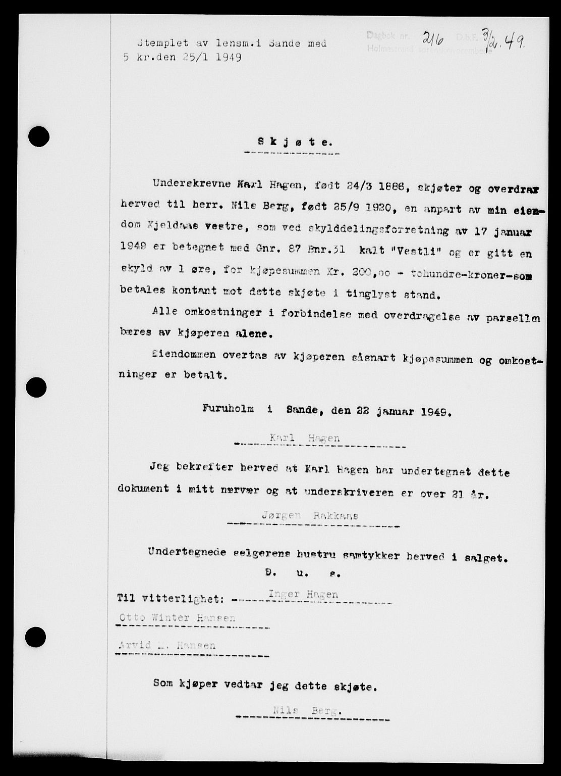 Holmestrand sorenskriveri, SAKO/A-67/G/Ga/Gaa/L0065: Pantebok nr. A-65, 1948-1949, Dagboknr: 216/1949