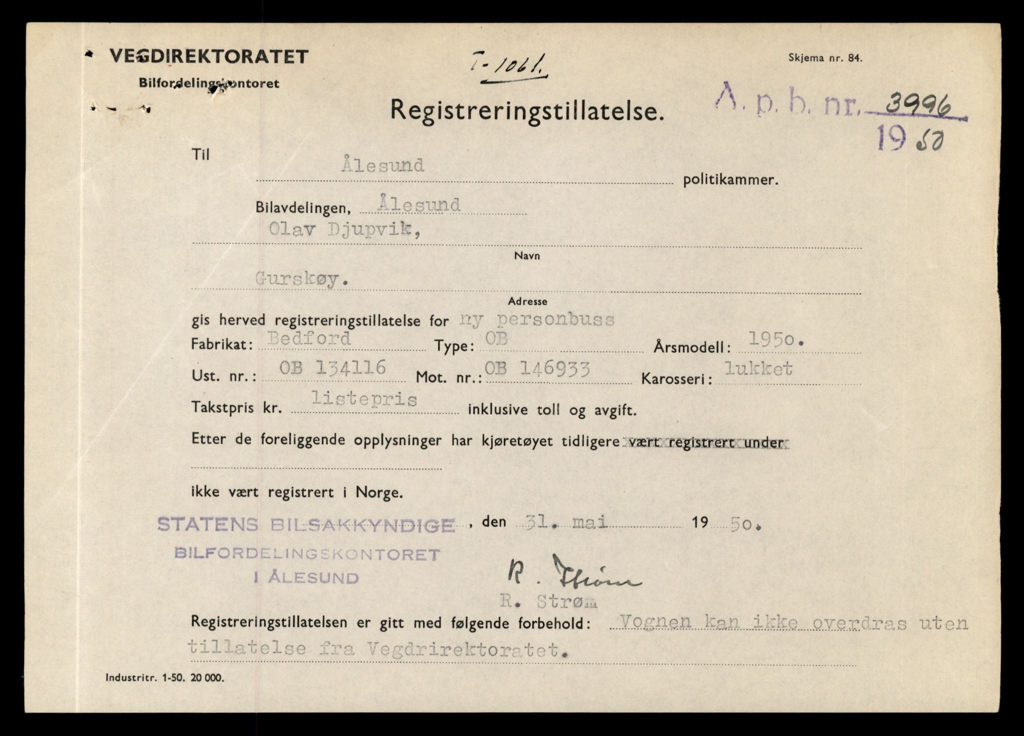 Møre og Romsdal vegkontor - Ålesund trafikkstasjon, SAT/A-4099/F/Fe/L0010: Registreringskort for kjøretøy T 1050 - T 1169, 1927-1998, s. 310