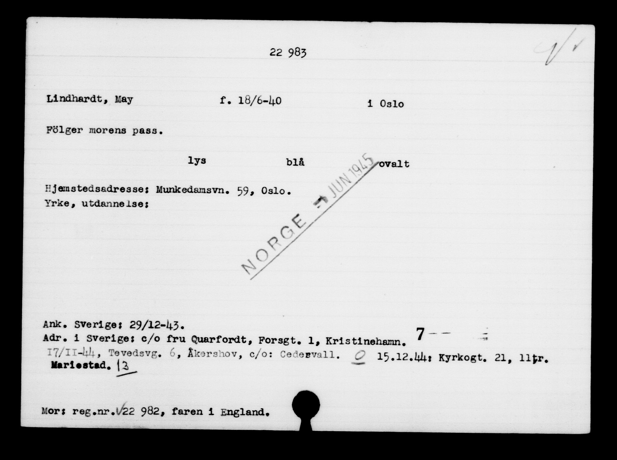 Den Kgl. Norske Legasjons Flyktningskontor, RA/S-6753/V/Va/L0010: Kjesäterkartoteket.  Flyktningenr. 22000-25314, 1940-1945, s. 1062