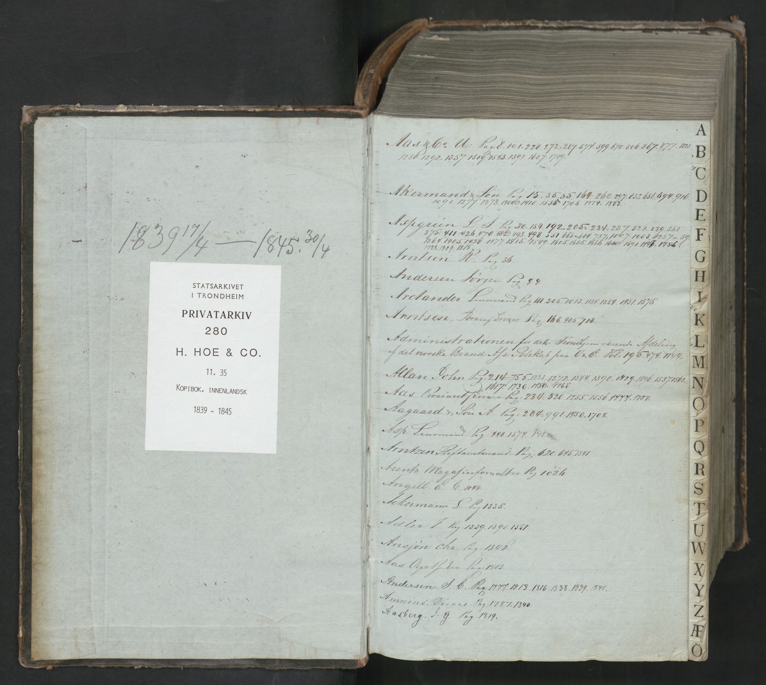 Hoë, Herman & Co, SAT/PA-0280/11/L0035: Kopibok, innenlandsk, 1839-1845