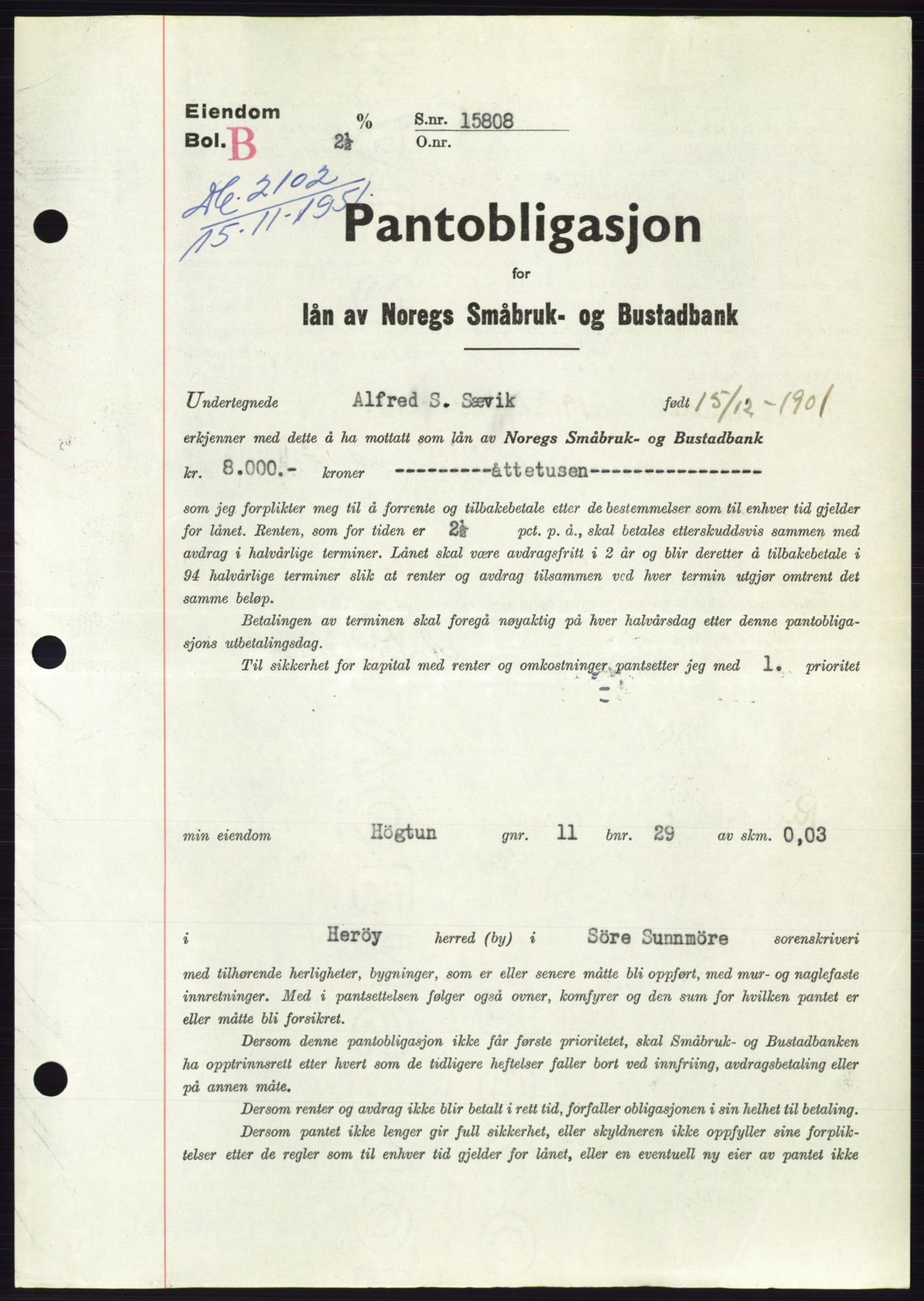 Søre Sunnmøre sorenskriveri, AV/SAT-A-4122/1/2/2C/L0120: Pantebok nr. 8B, 1951-1951, Dagboknr: 2102/1951