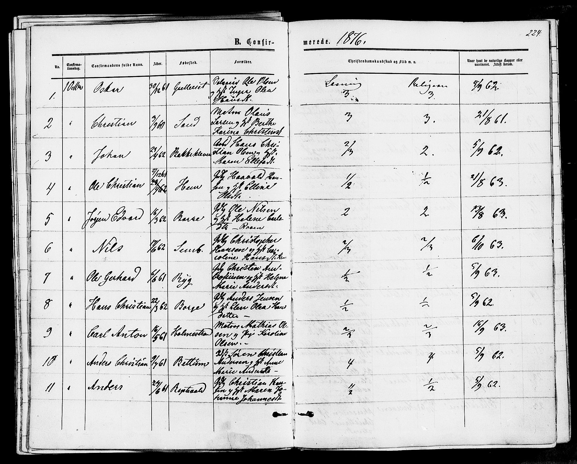 Våle kirkebøker, AV/SAKO-A-334/F/Fa/L0010: Ministerialbok nr. I 10, 1861-1877, s. 224