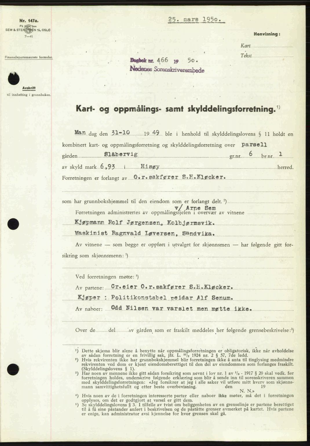 Nedenes sorenskriveri, AV/SAK-1221-0006/G/Gb/Gba/L0062: Pantebok nr. A14, 1949-1950, Dagboknr: 466/1950