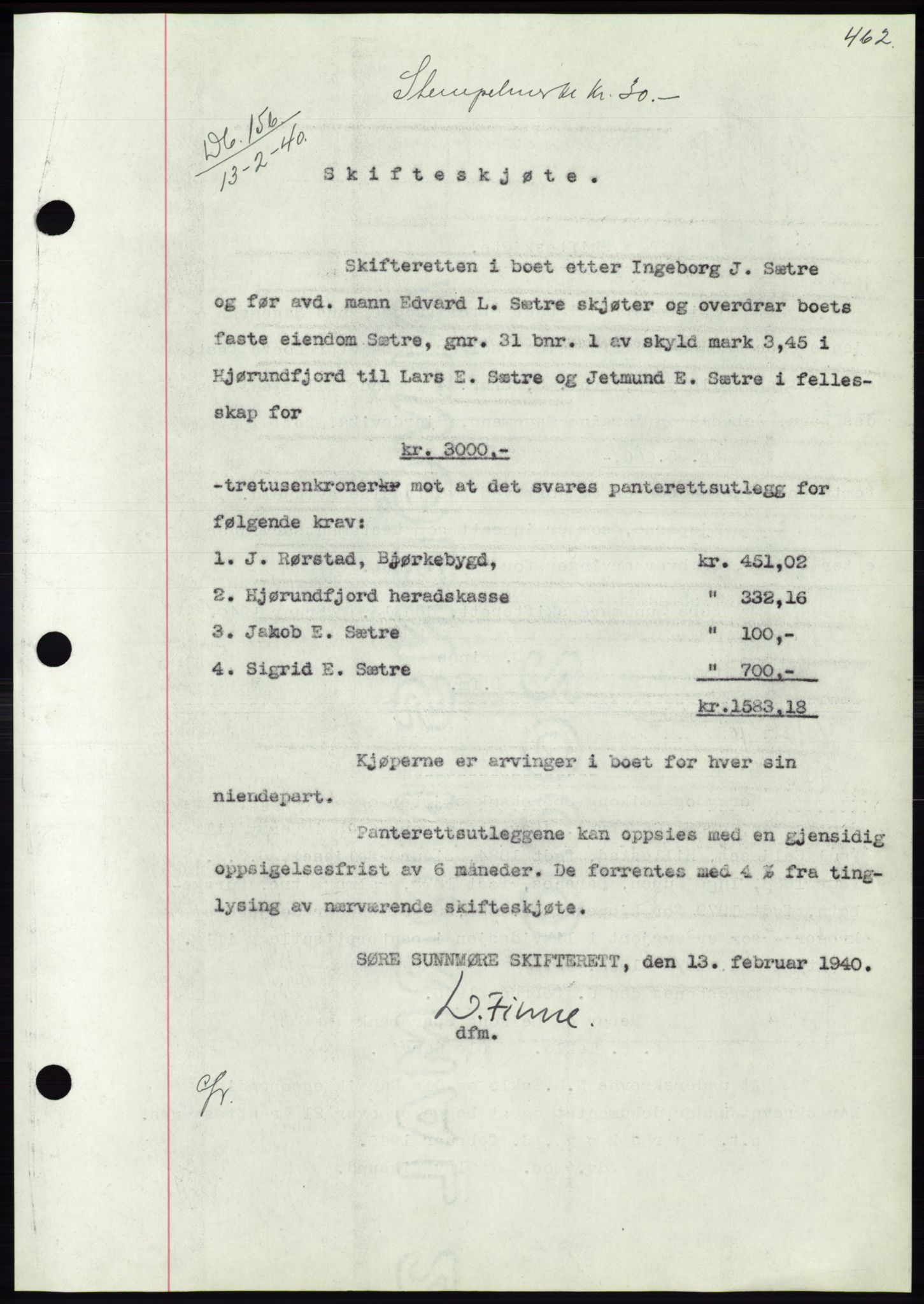 Søre Sunnmøre sorenskriveri, AV/SAT-A-4122/1/2/2C/L0069: Pantebok nr. 63, 1939-1940, Dagboknr: 156/1940