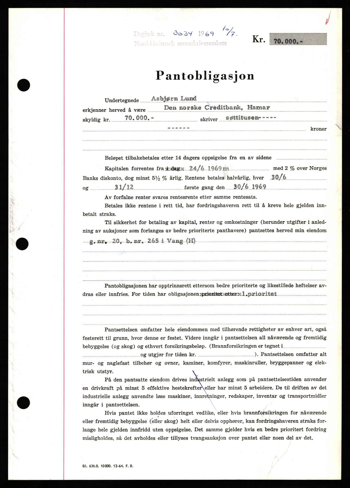 Nord-Hedmark sorenskriveri, SAH/TING-012/H/Hb/Hbf/L0080: Pantebok nr. B80, 1969-1969, Dagboknr: 3634/1969