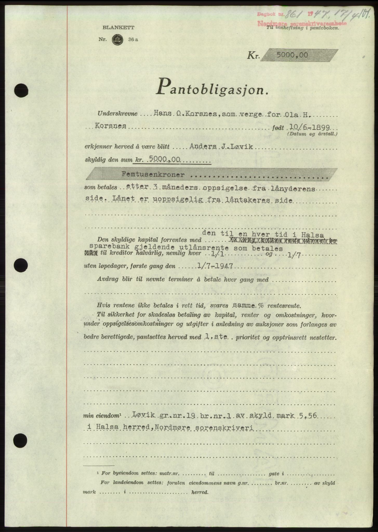 Nordmøre sorenskriveri, SAT/A-4132/1/2/2Ca: Pantebok nr. B96, 1947-1947, Dagboknr: 861/1947