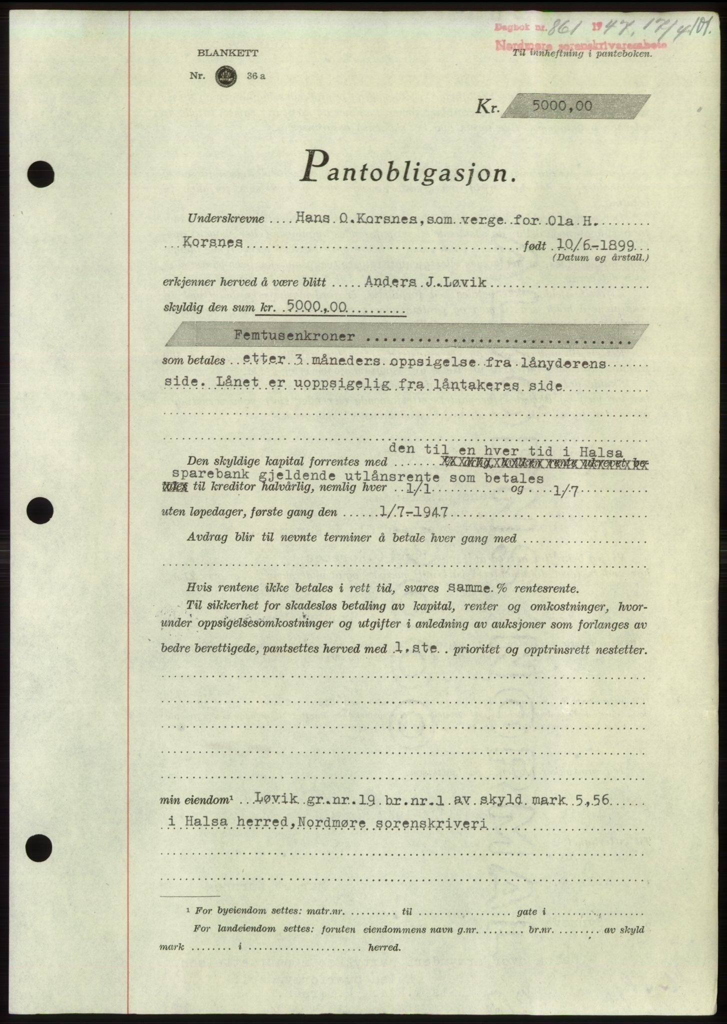 Nordmøre sorenskriveri, AV/SAT-A-4132/1/2/2Ca: Pantebok nr. B96, 1947-1947, Dagboknr: 861/1947