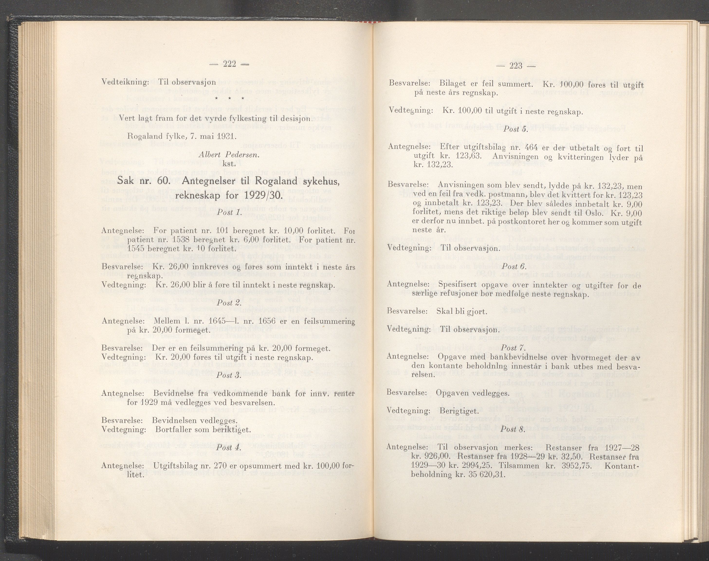 Rogaland fylkeskommune - Fylkesrådmannen , IKAR/A-900/A/Aa/Aaa/L0050: Møtebok , 1931, s. 222-223