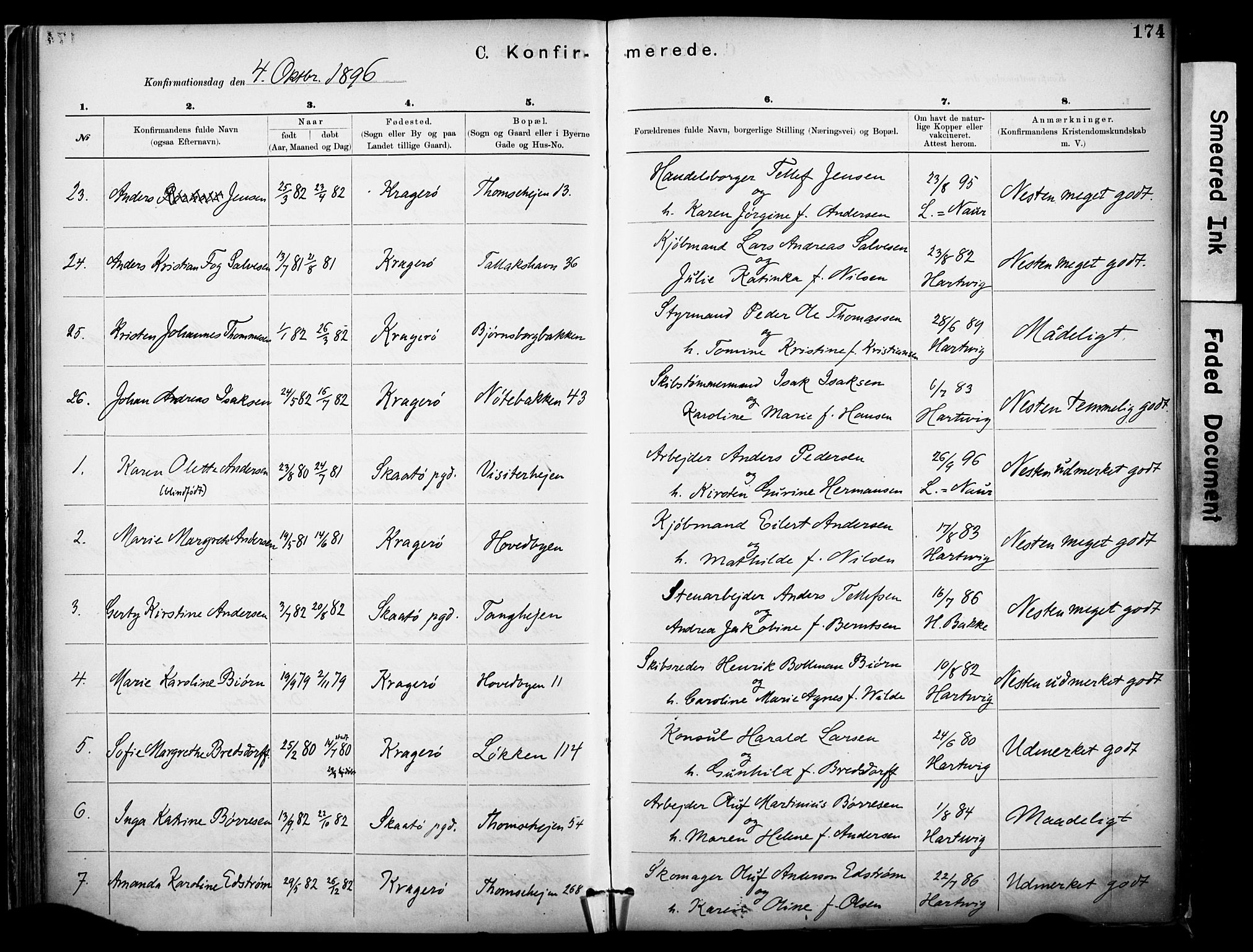 Kragerø kirkebøker, SAKO/A-278/F/Fa/L0012: Ministerialbok nr. 12, 1880-1904, s. 174