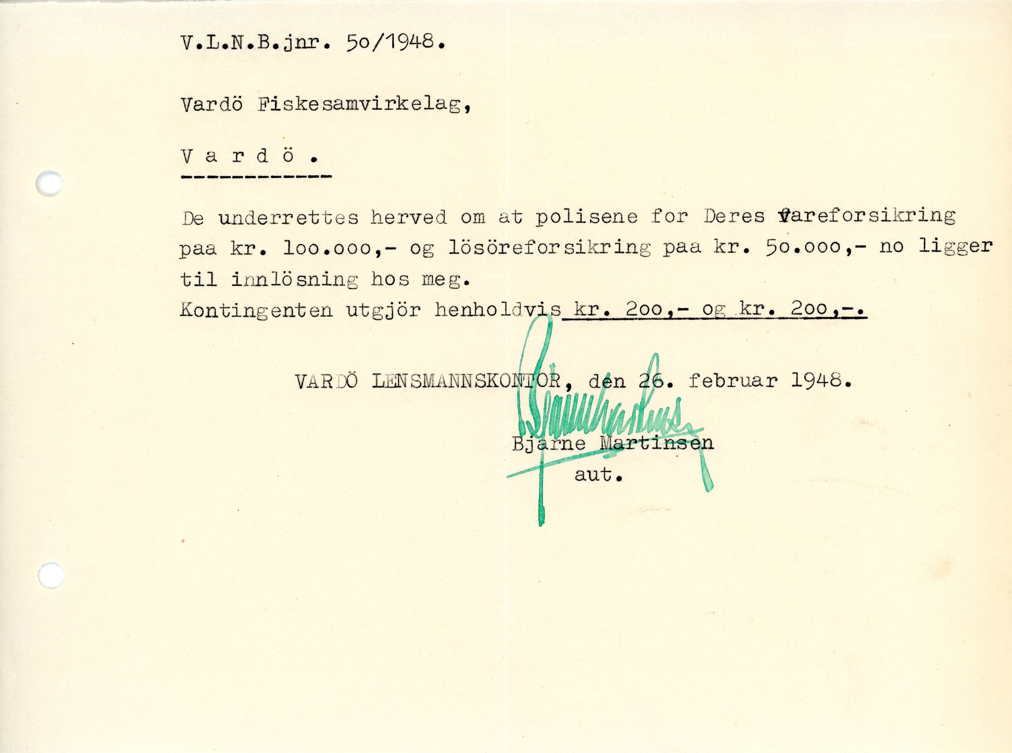 Vardø Fiskersamvirkelag, VAMU/A-0037/D/Da/L0008: Korrespondanse Tr-År, 1947-1950