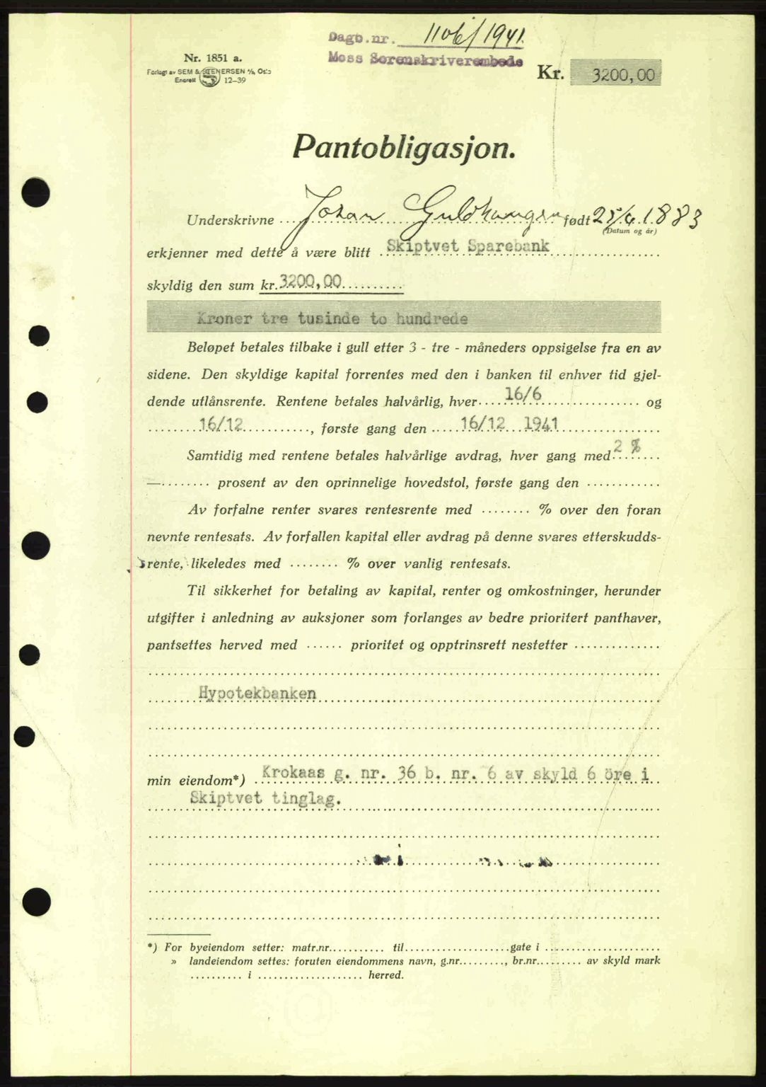Moss sorenskriveri, SAO/A-10168: Pantebok nr. B10, 1940-1941, Dagboknr: 1106/1941