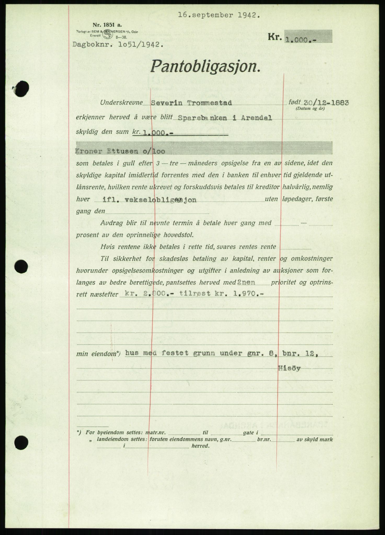 Nedenes sorenskriveri, SAK/1221-0006/G/Gb/Gbb/L0002: Pantebok nr. II, 1942-1945, Dagboknr: 1051/1942