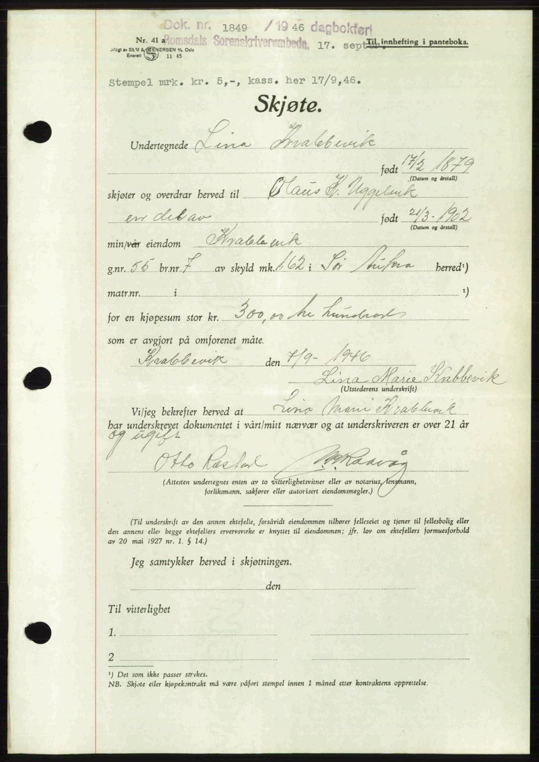 Romsdal sorenskriveri, AV/SAT-A-4149/1/2/2C: Pantebok nr. A20, 1946-1946, Dagboknr: 1849/1946