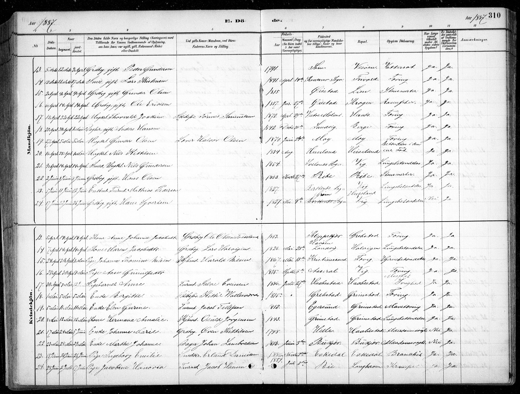 Fjære sokneprestkontor, AV/SAK-1111-0011/F/Fb/L0011: Klokkerbok nr. B 11, 1881-1905, s. 310