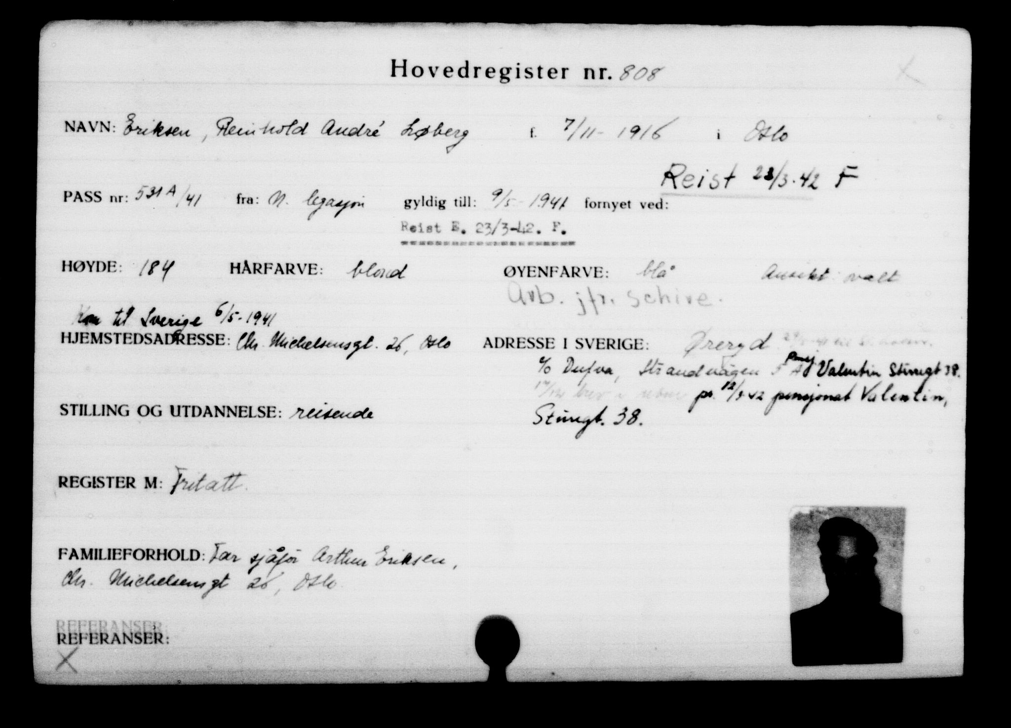 Utenriksstasjonene, Legasjonen i Stockholm, Flyktningkontoret, AV/RA-S-6753/V/Va/L0001: Kjesäterkartoteket, flyktninger med registreringsnr. 1-1000, 1940-1945, s. 1279