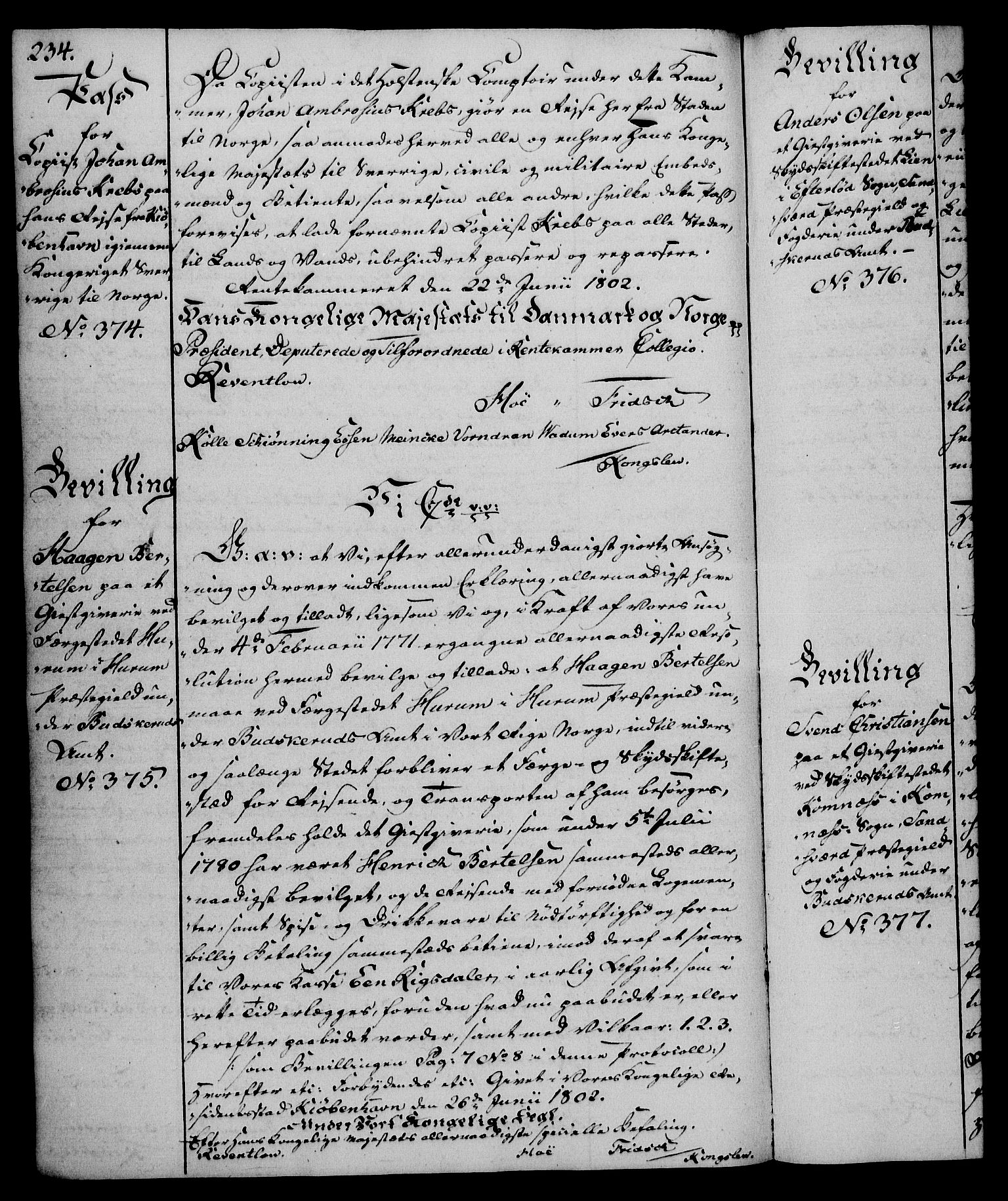 Rentekammeret, Kammerkanselliet, AV/RA-EA-3111/G/Gg/Gga/L0017: Norsk ekspedisjonsprotokoll med register (merket RK 53.17), 1801-1803, s. 234