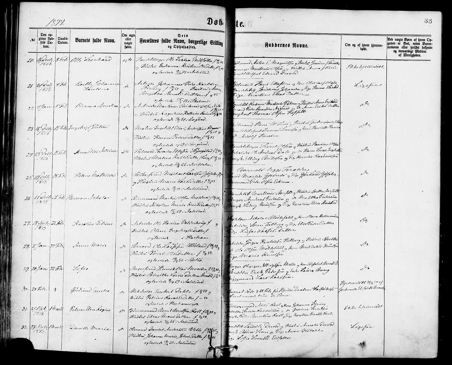 Ministerialprotokoller, klokkerbøker og fødselsregistre - Møre og Romsdal, SAT/A-1454/529/L0453: Ministerialbok nr. 529A03, 1872-1877, s. 33