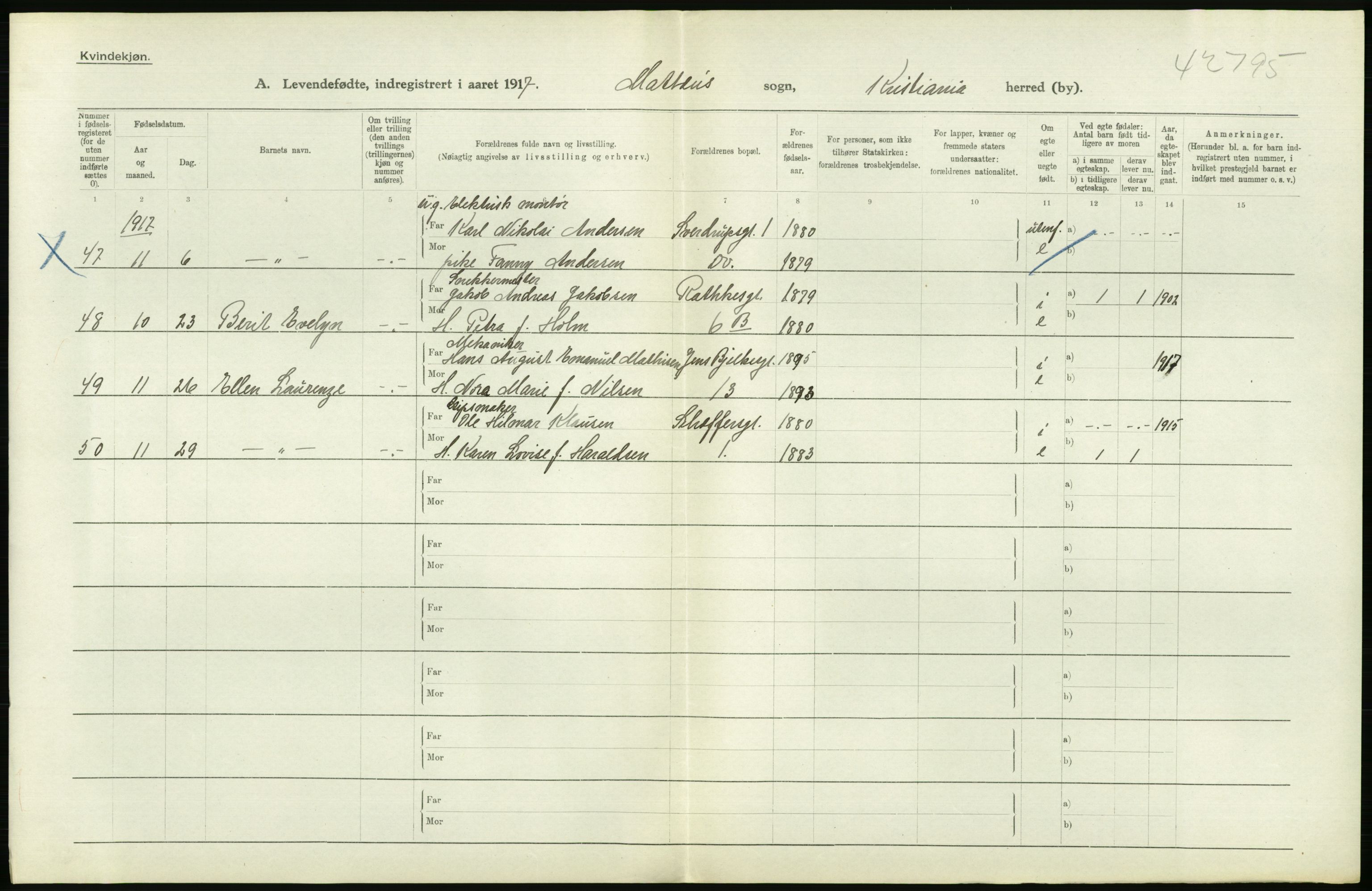 Statistisk sentralbyrå, Sosiodemografiske emner, Befolkning, AV/RA-S-2228/D/Df/Dfb/Dfbg/L0006: Kristiania: Levendefødte menn og kvinner., 1917, s. 664