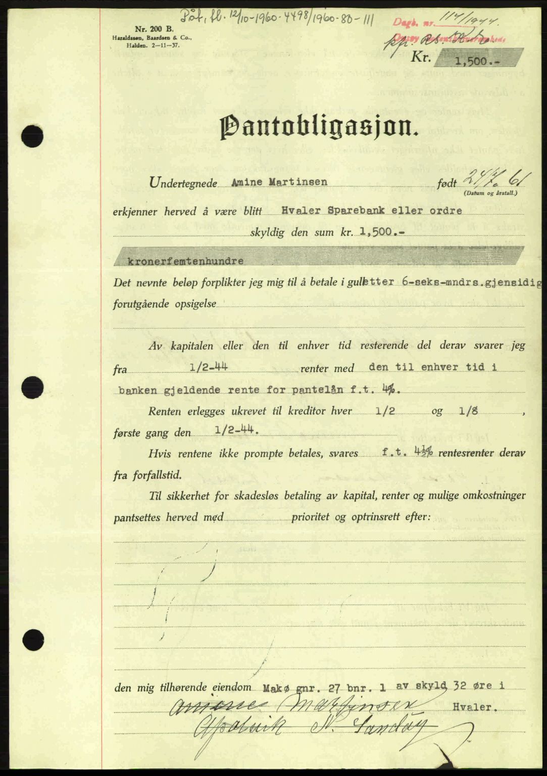 Onsøy sorenskriveri, SAO/A-10474/G/Ga/Gac/L0003: Pantebok nr. B3, 1940-1944, Dagboknr: 114/1944