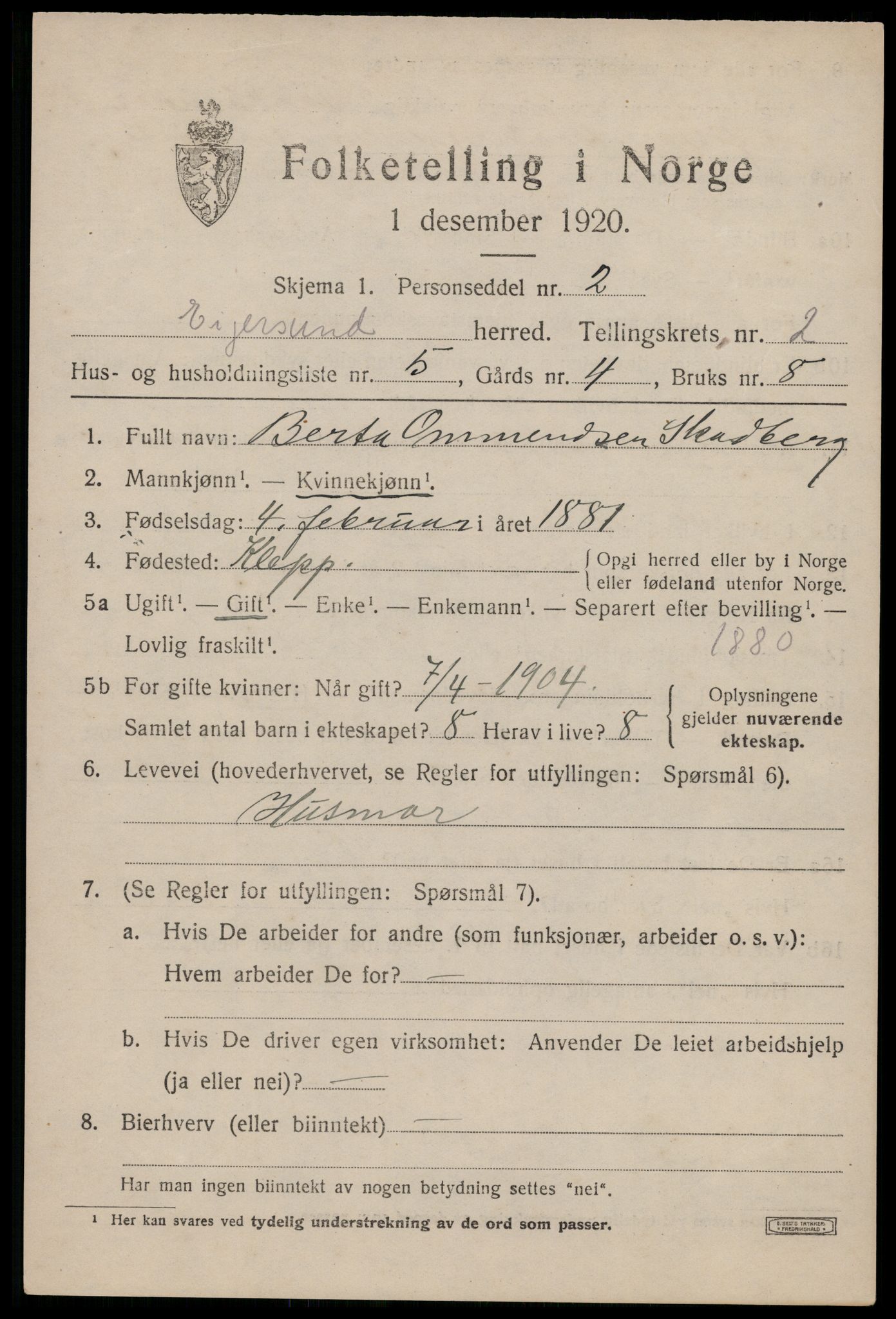 SAST, Folketelling 1920 for 1116 Eigersund herred, 1920, s. 1661