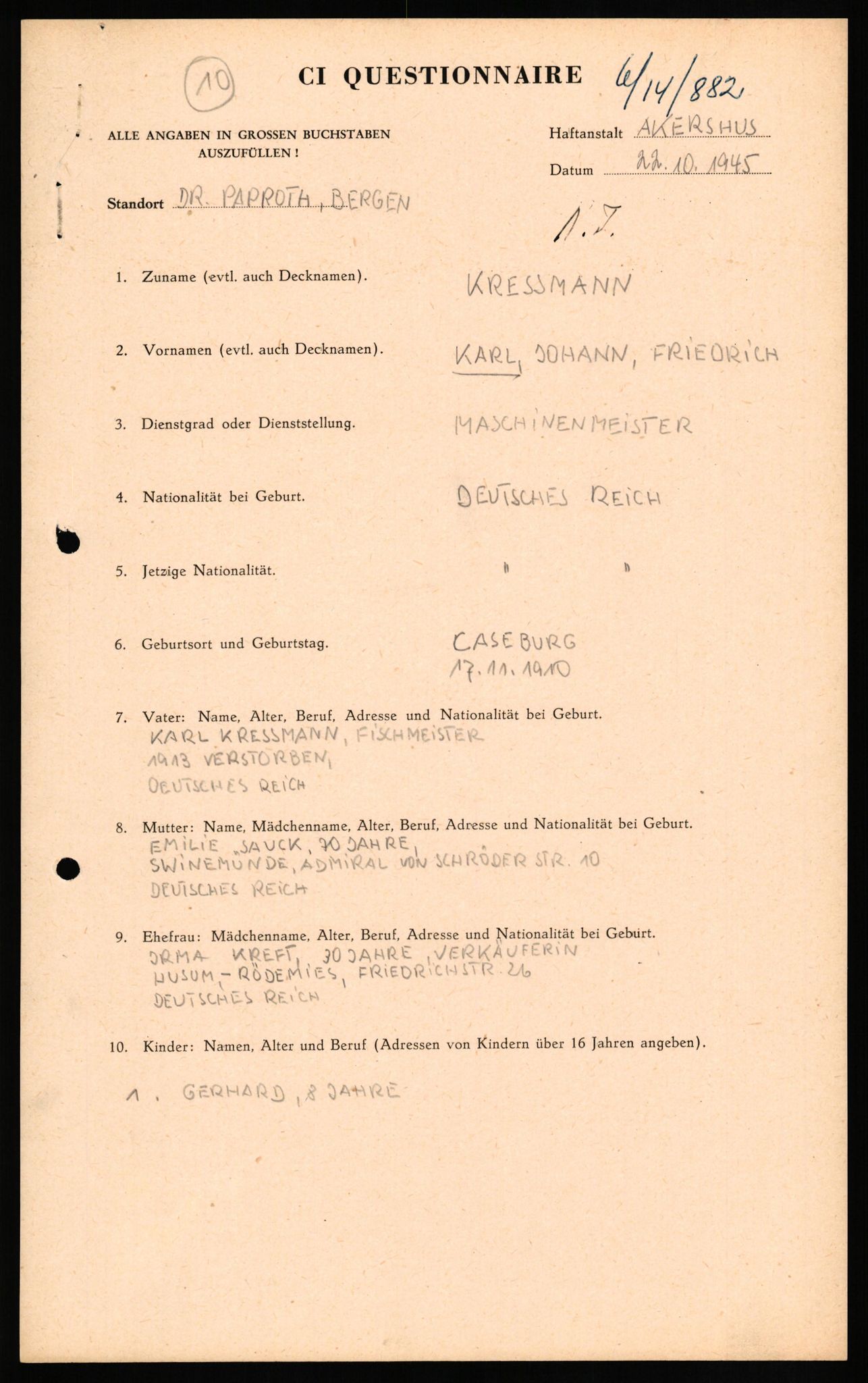 Forsvaret, Forsvarets overkommando II, AV/RA-RAFA-3915/D/Db/L0018: CI Questionaires. Tyske okkupasjonsstyrker i Norge. Tyskere., 1945-1946, s. 134