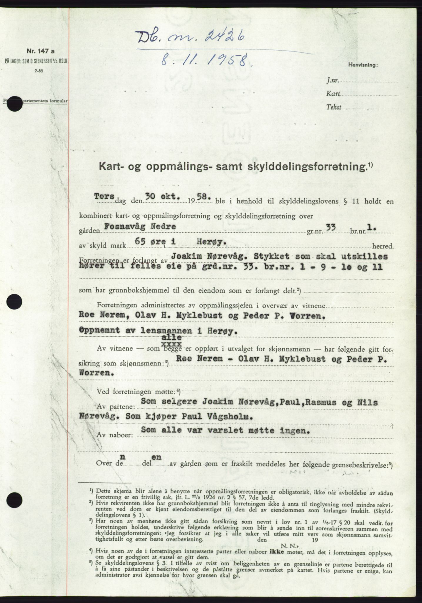 Søre Sunnmøre sorenskriveri, SAT/A-4122/1/2/2C/L0111: Pantebok nr. 37A, 1958-1959, Dagboknr: 2426/1958