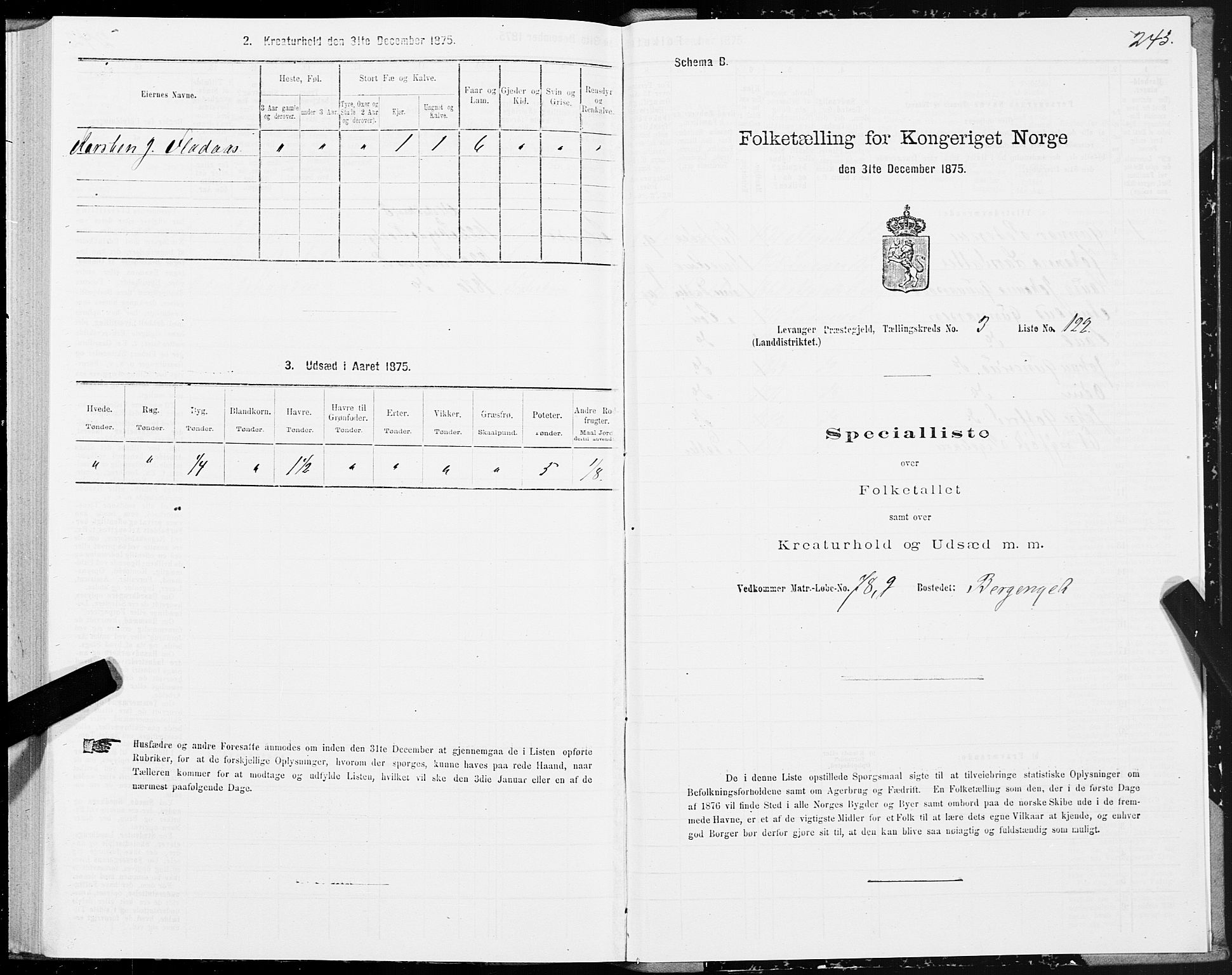 SAT, Folketelling 1875 for 1720L Levanger prestegjeld, Levanger landsokn, 1875, s. 2243