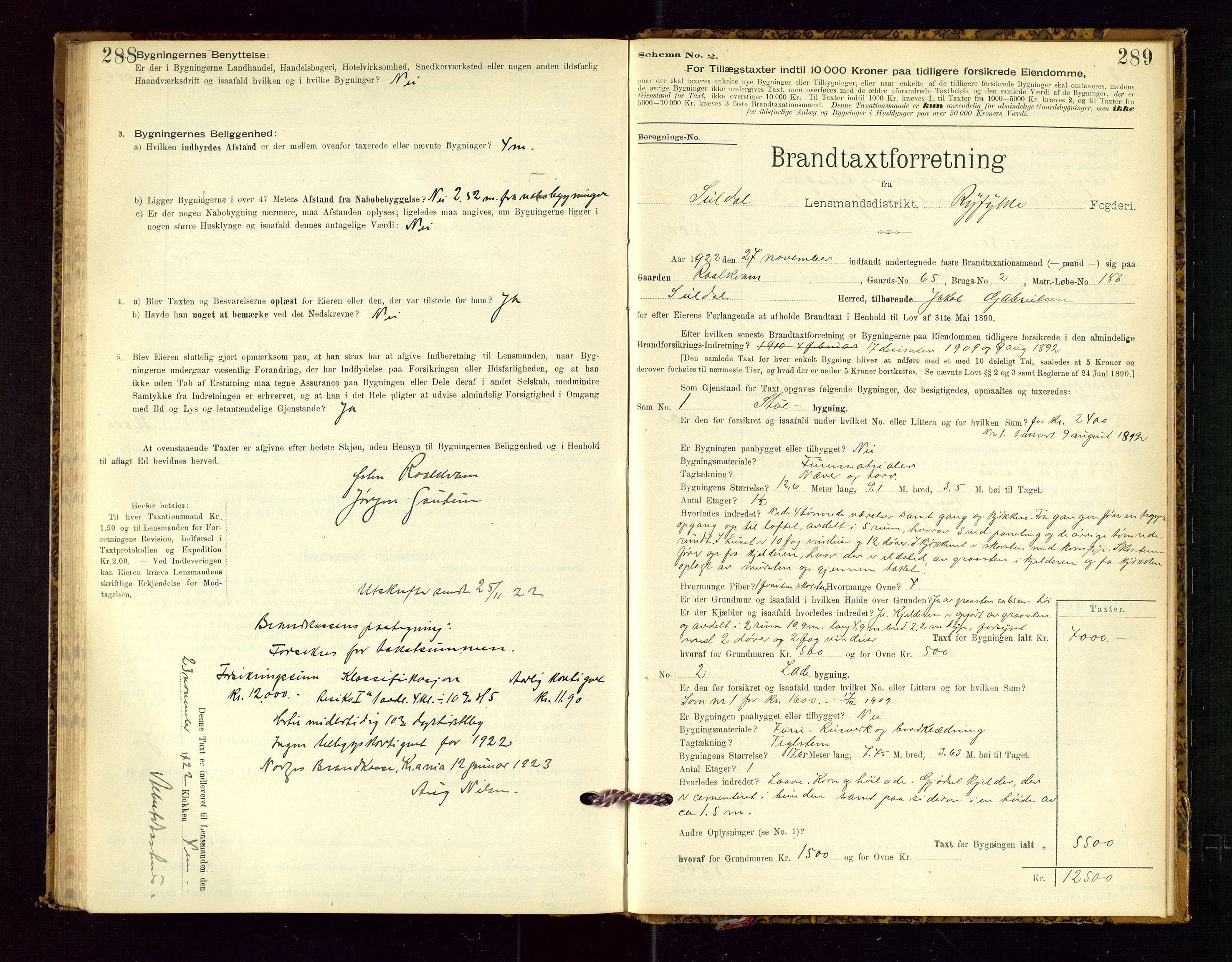 Suldal lensmannskontor, AV/SAST-A-100419/Gob/L0001: "Brandtaxationsprotokol", 1894-1923, s. 288-289