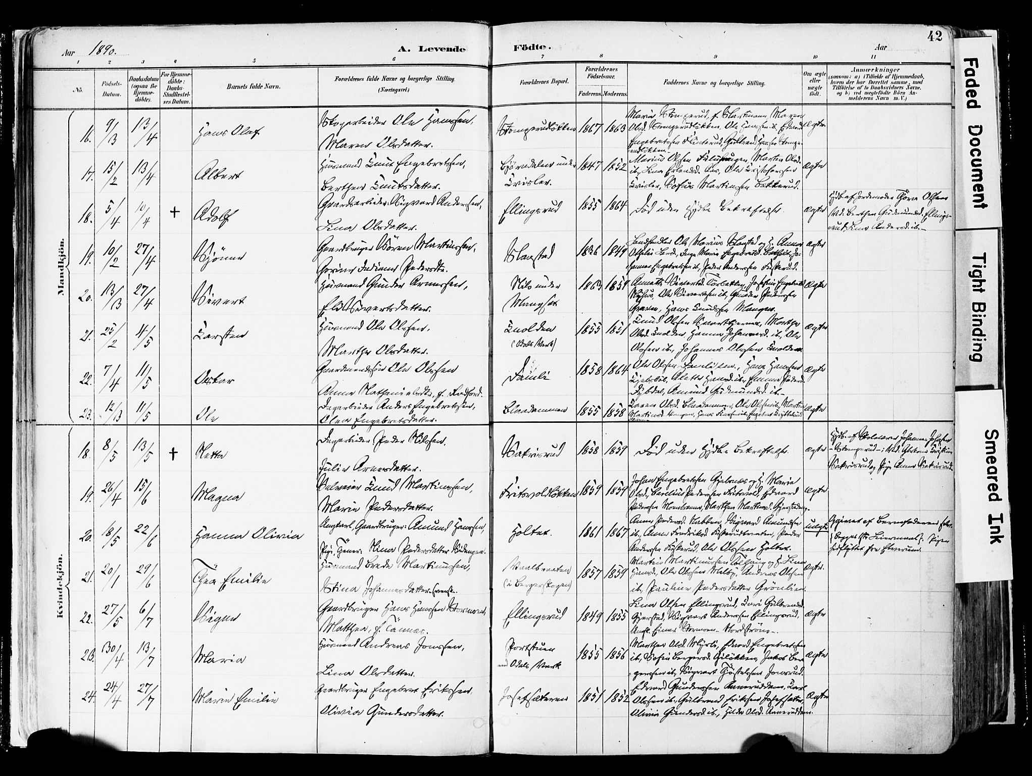 Sør-Odal prestekontor, AV/SAH-PREST-030/H/Ha/Haa/L0006: Ministerialbok nr. 6, 1886-1931, s. 42