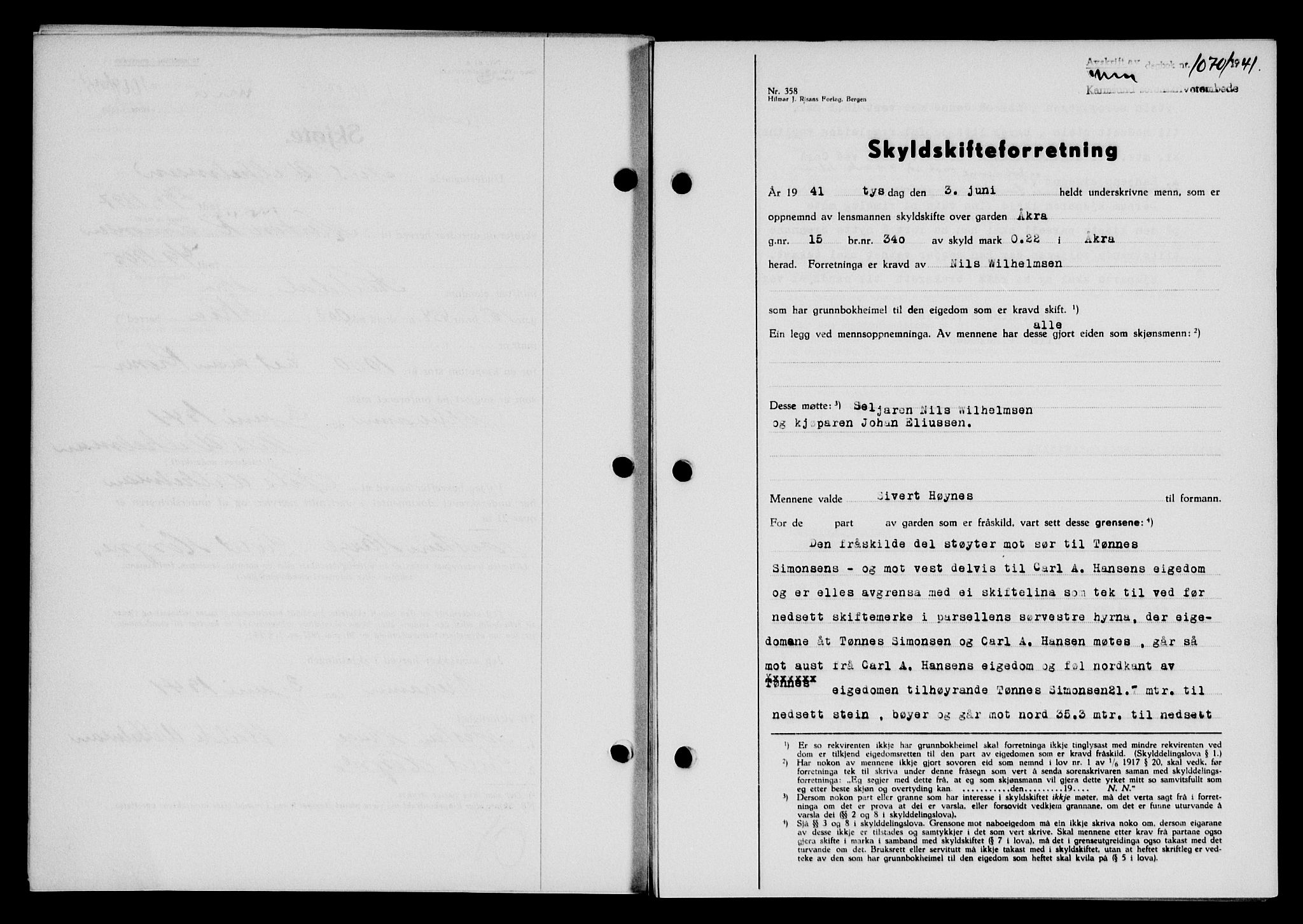 Karmsund sorenskriveri, SAST/A-100311/01/II/IIB/L0075: Pantebok nr. 56A, 1941-1941, Dagboknr: 1070/1941