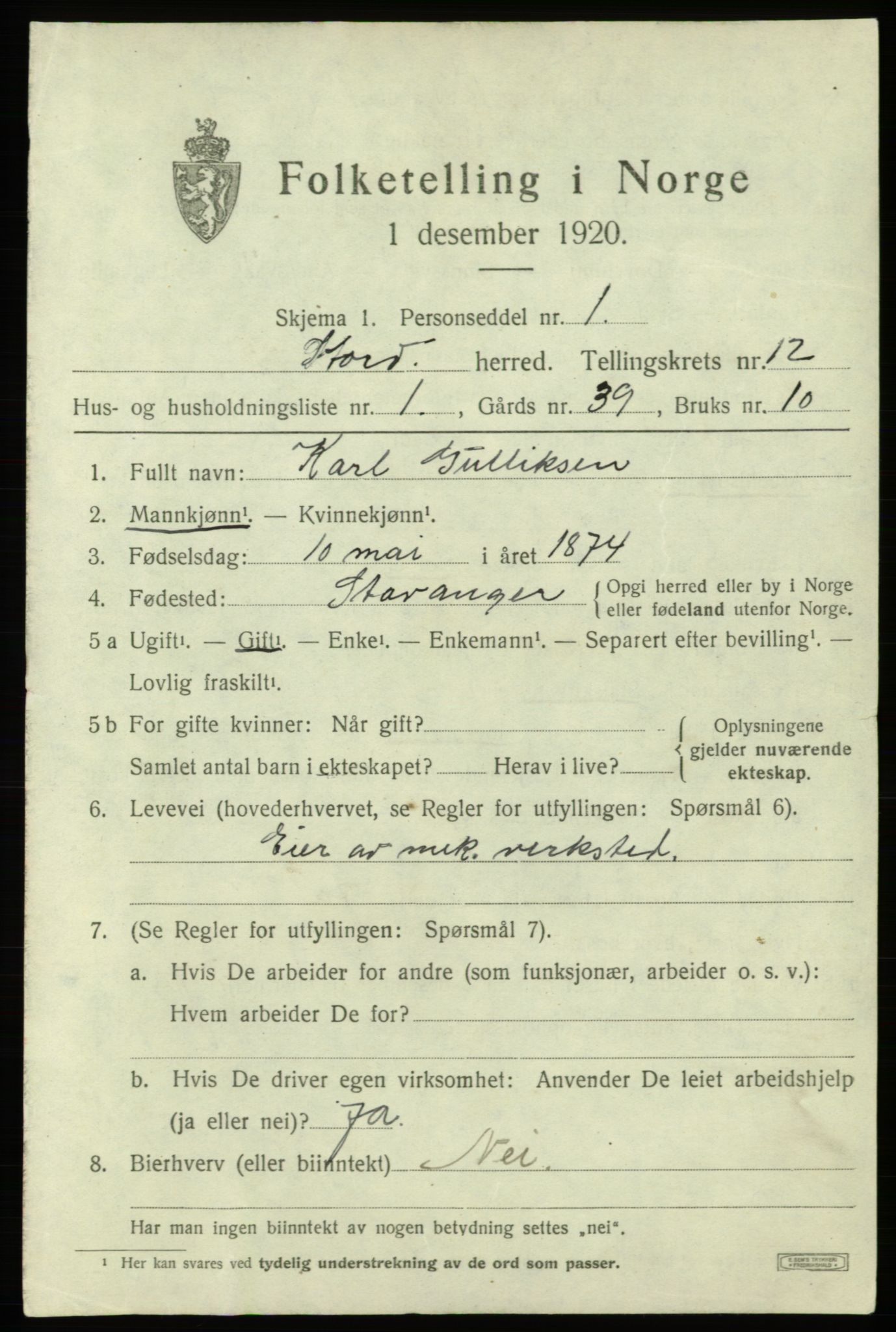 SAB, Folketelling 1920 for 1221 Stord herred, 1920, s. 6997