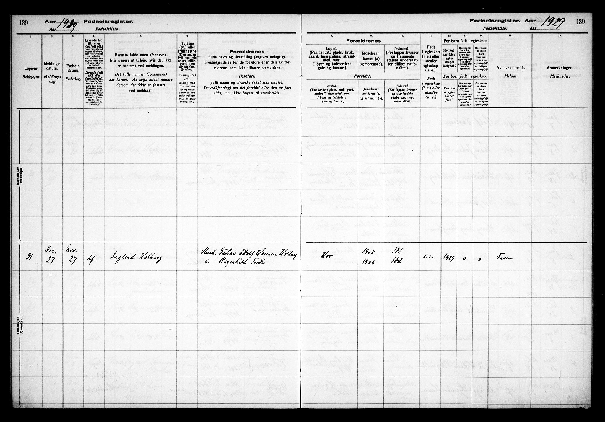 Idd prestekontor Kirkebøker, SAO/A-10911/J/Ja/L0001: Fødselsregister nr. I 1, 1916-1937, s. 139