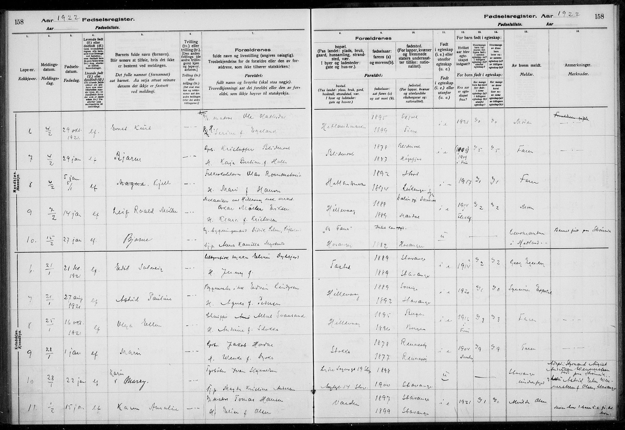 Hetland sokneprestkontor, AV/SAST-A-101826/70/704BA/L0003: Fødselsregister nr. 1, 1916-1923, s. 158