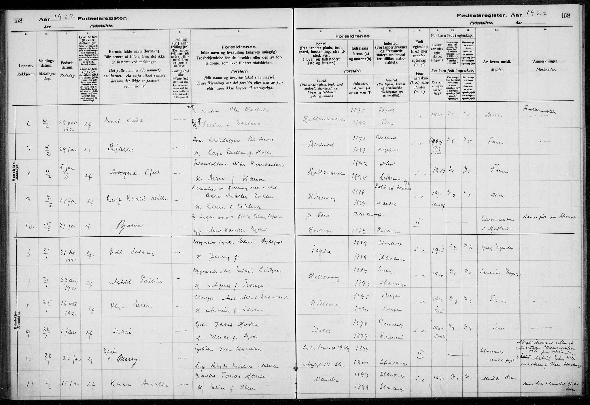 Hetland sokneprestkontor, SAST/A-101826/70/704BA/L0003: Fødselsregister nr. 1, 1916-1923, s. 158