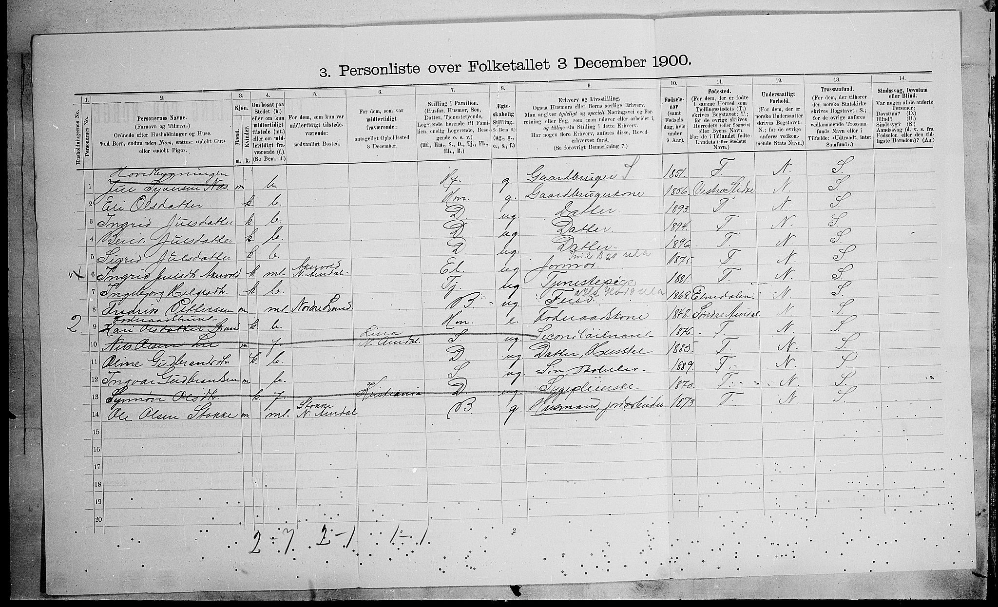SAH, Folketelling 1900 for 0542 Nord-Aurdal herred, 1900, s. 1205