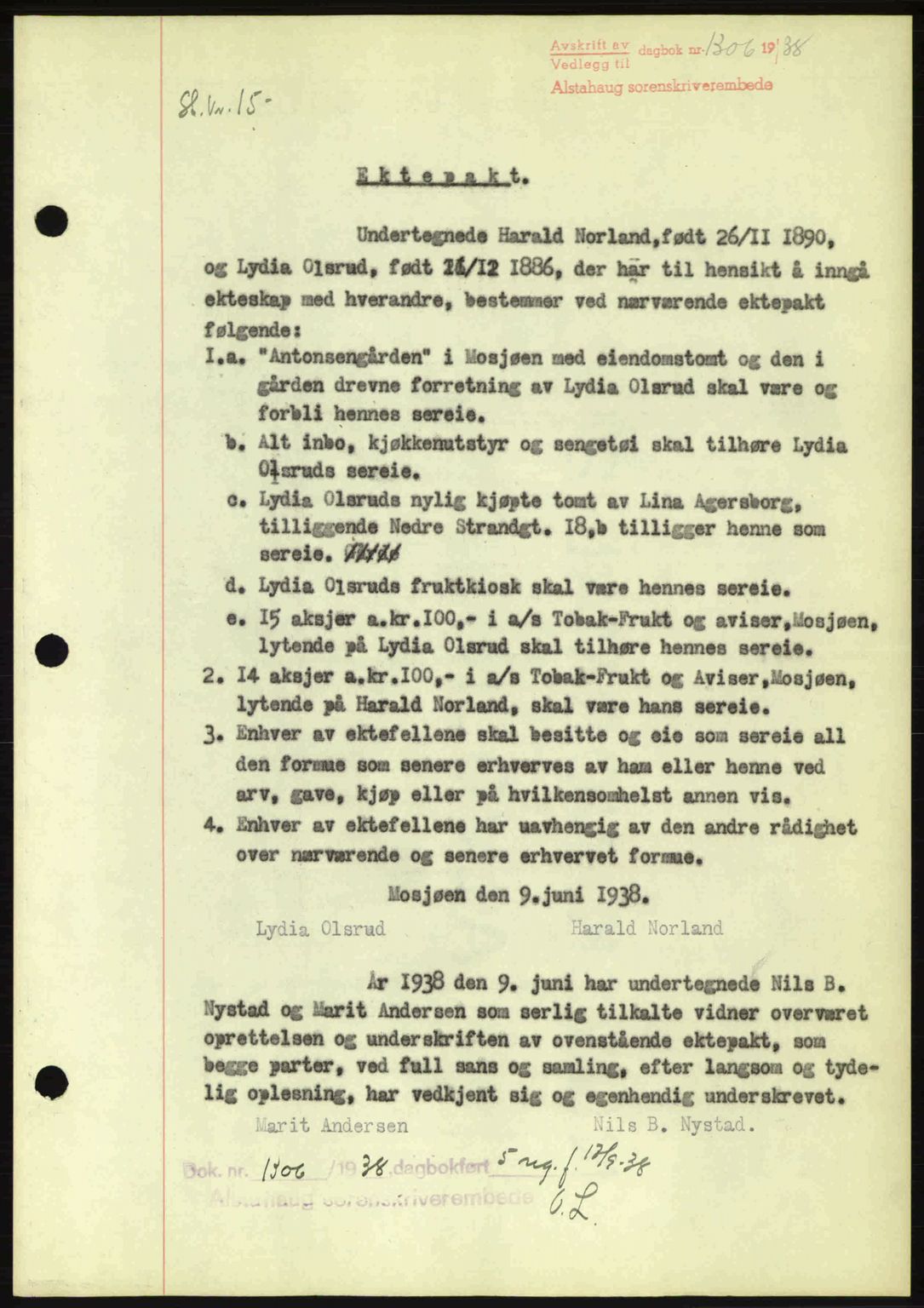 Alstahaug sorenskriveri, SAT/A-1009: Pantebok nr. A3, 1937-1938, Dagboknr: 1306/1938