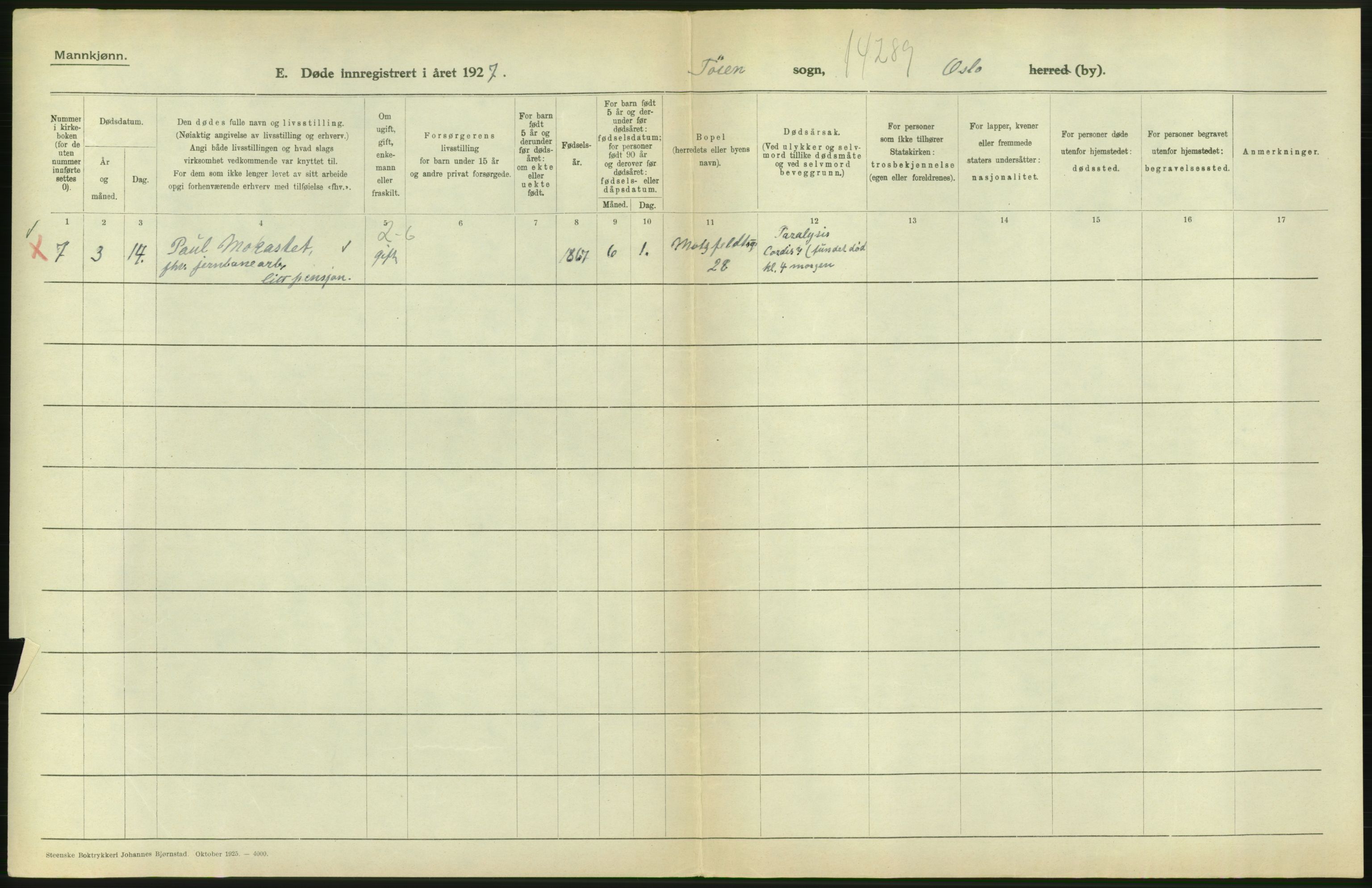 Statistisk sentralbyrå, Sosiodemografiske emner, Befolkning, AV/RA-S-2228/D/Df/Dfc/Dfcg/L0009: Oslo: Døde menn, 1927, s. 600