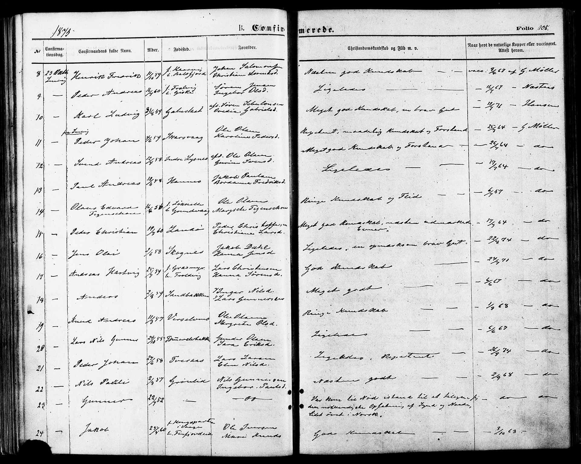 Lenvik sokneprestembete, AV/SATØ-S-1310/H/Ha/Haa/L0010kirke: Ministerialbok nr. 10, 1873-1880, s. 105