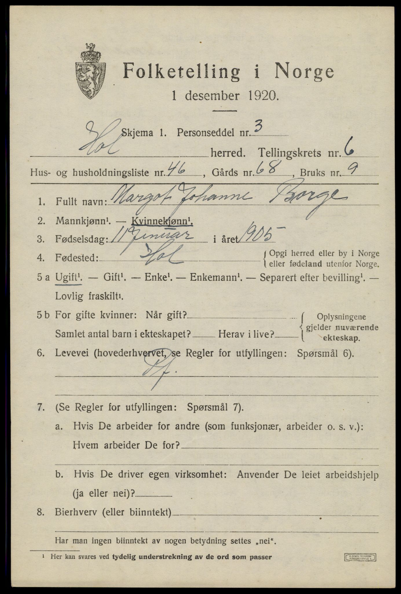 SAT, Folketelling 1920 for 1861 Hol herred, 1920, s. 5183