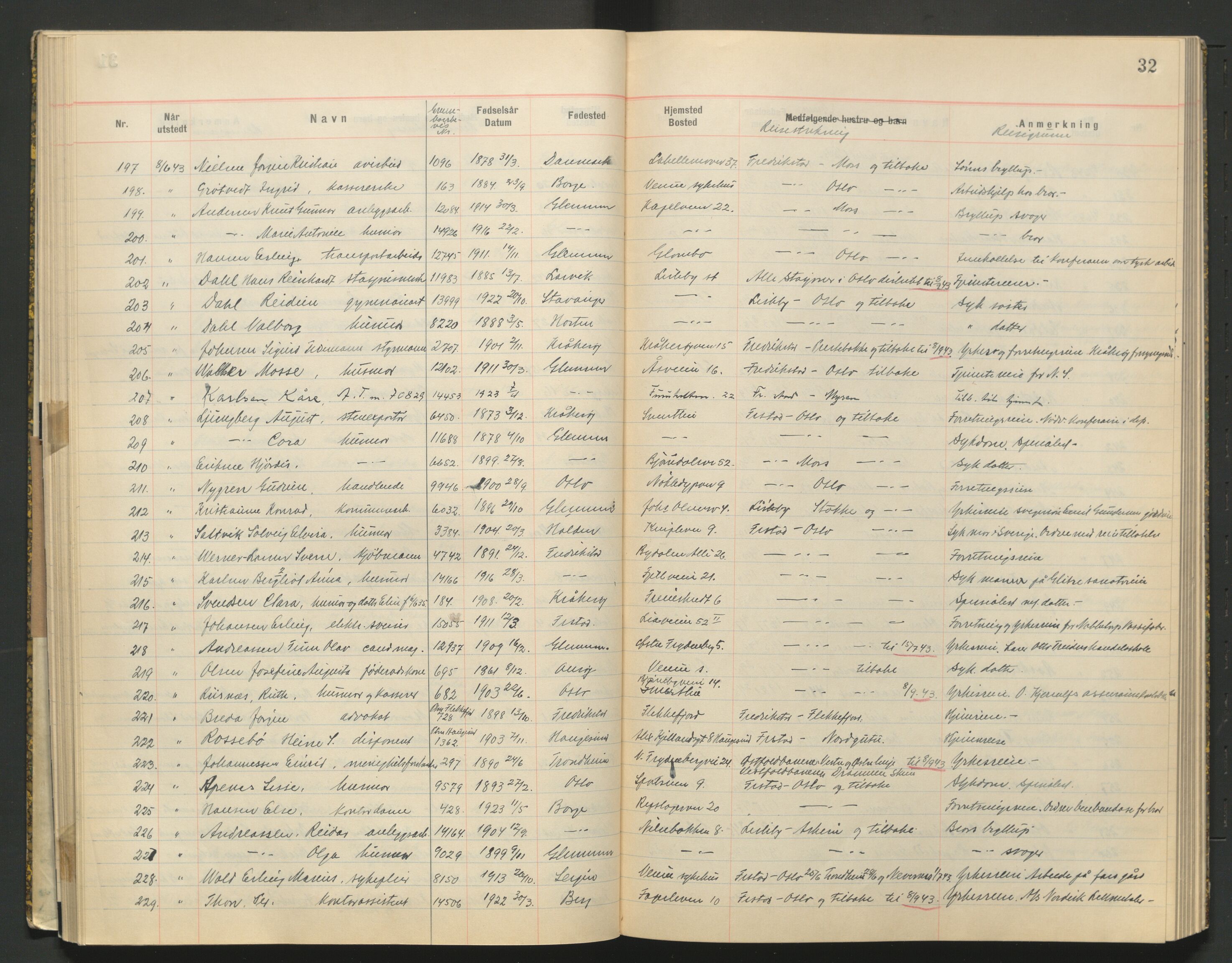 Glemmen lensmannskontor, AV/SAO-A-10123/I/Ic/Ica/L0002: Protokoll over utstedte nordiske reisekort (1939-1940) og utstedte reisetillatelser med jernbanen (1943), 1939-1943, s. 32