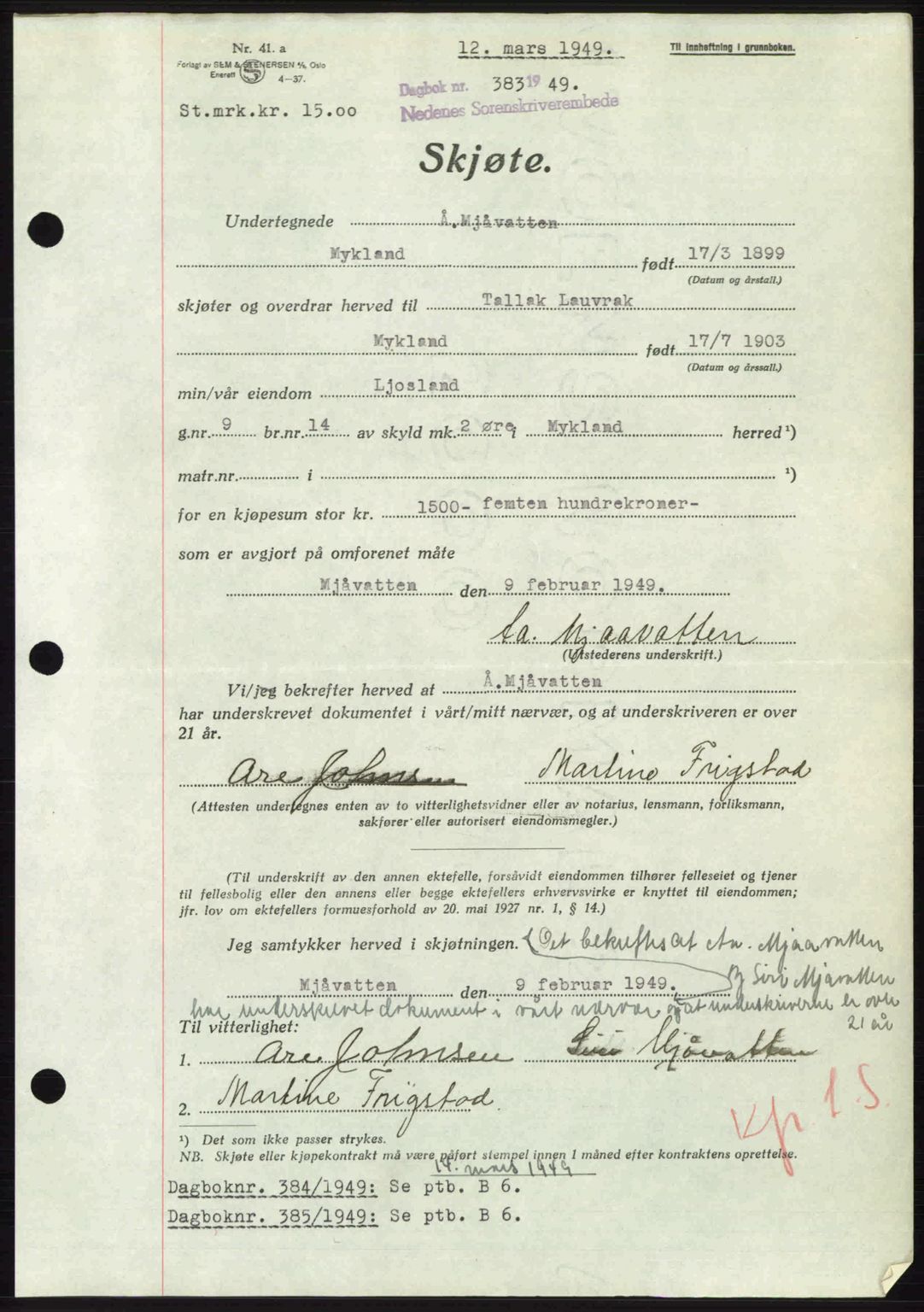 Nedenes sorenskriveri, AV/SAK-1221-0006/G/Gb/Gba/L0060: Pantebok nr. A12, 1948-1949, Dagboknr: 383/1949
