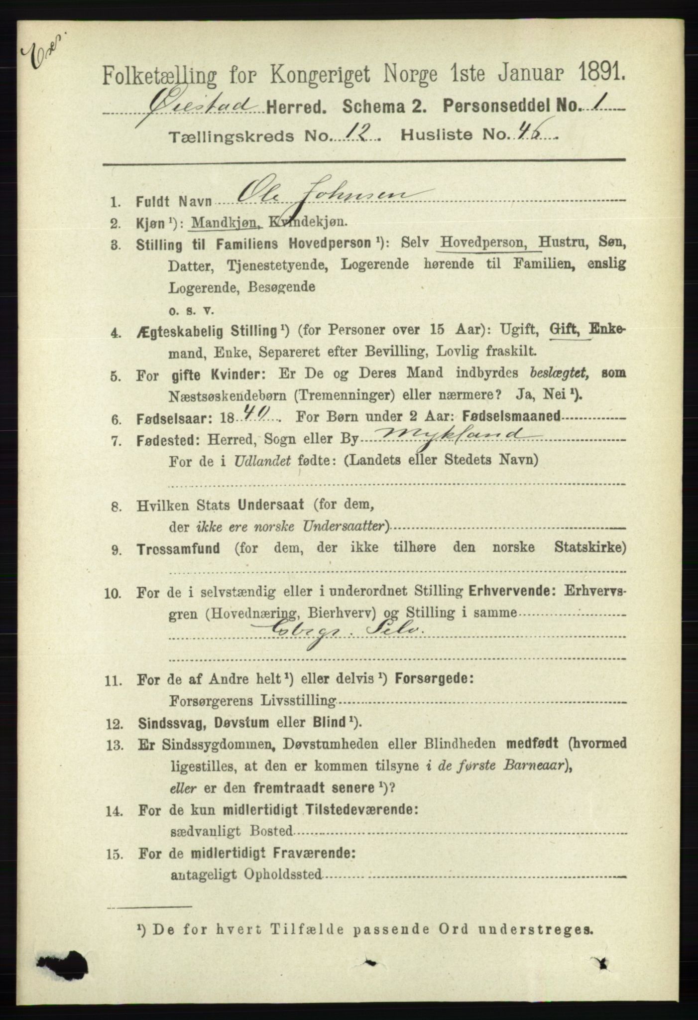 RA, Folketelling 1891 for Nedenes amt: Gjenparter av personsedler for beslektede ektefeller, menn, 1891, s. 677