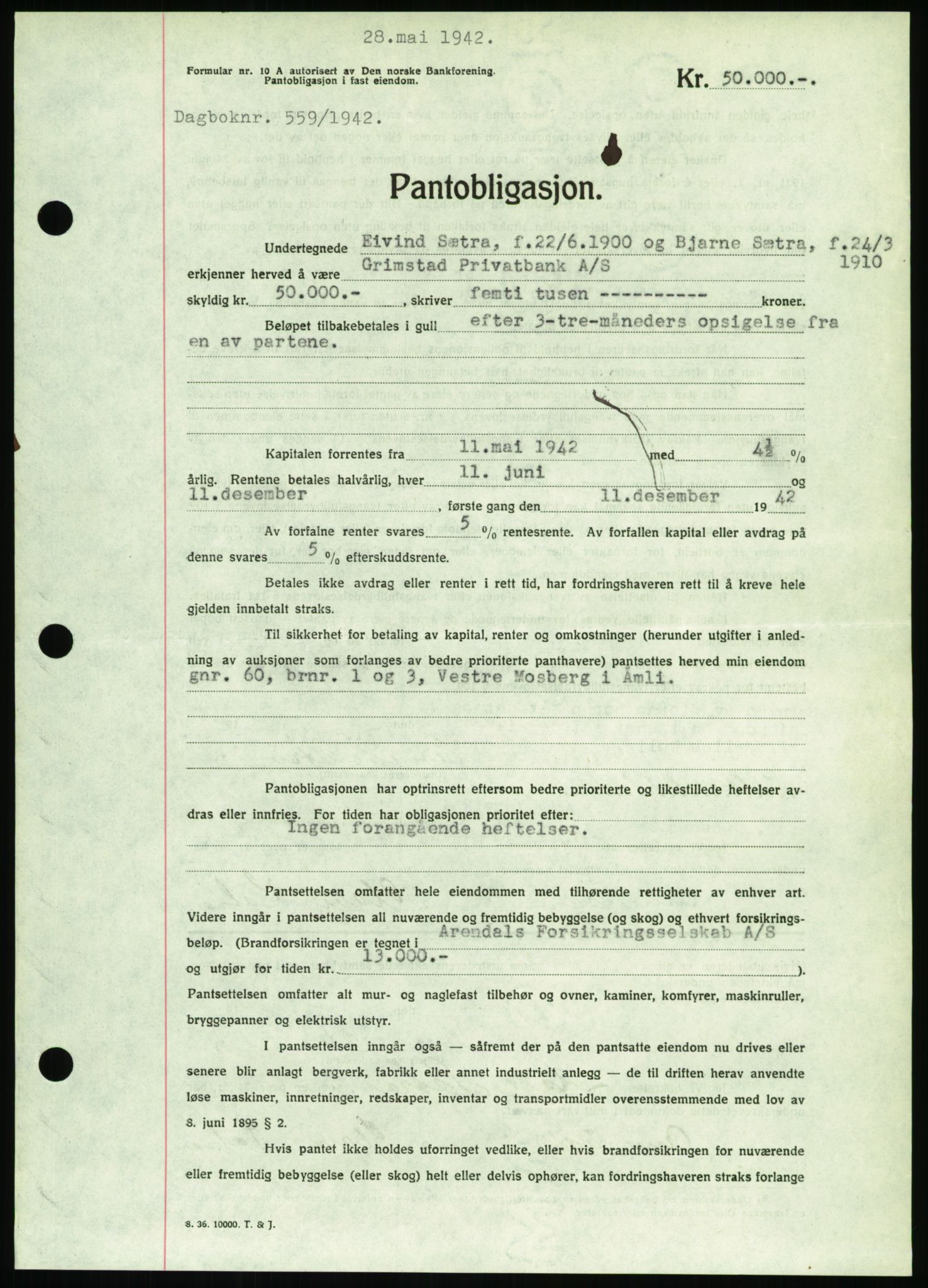 Nedenes sorenskriveri, SAK/1221-0006/G/Gb/Gbb/L0002: Pantebok nr. II, 1942-1945, Dagboknr: 559/1942