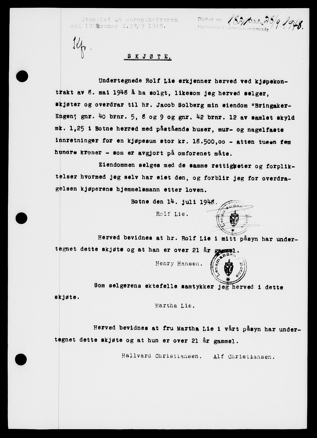 Holmestrand sorenskriveri, SAKO/A-67/G/Ga/Gaa/L0064: Pantebok nr. A-64, 1948-1948, Dagboknr: 1821/1948