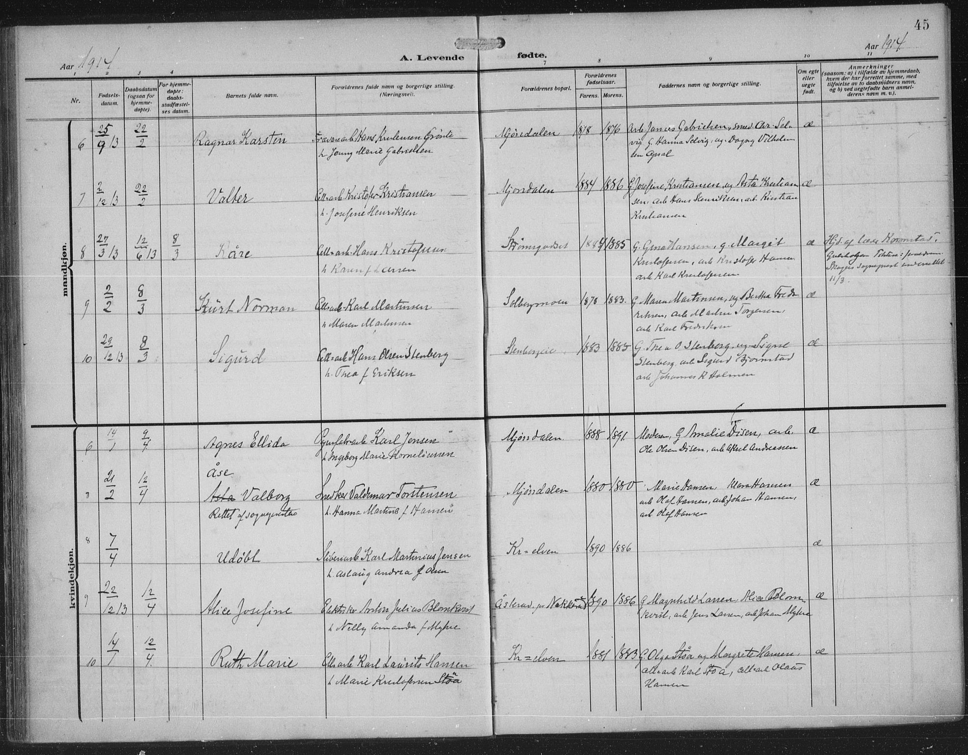 Nedre Eiker kirkebøker, AV/SAKO-A-612/F/Fa/L0007: Ministerialbok nr. 7, 1912-1918, s. 45