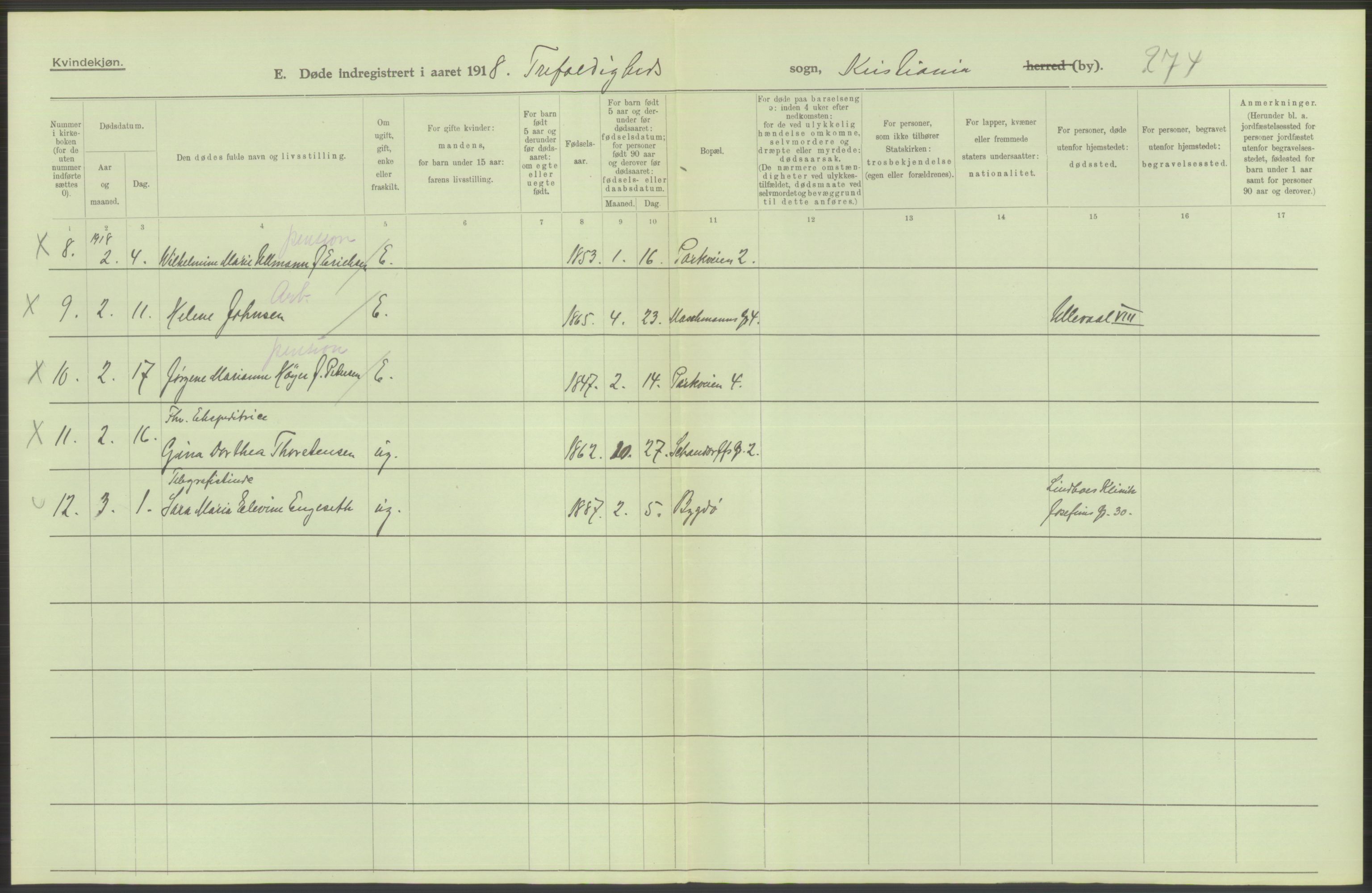 Statistisk sentralbyrå, Sosiodemografiske emner, Befolkning, RA/S-2228/D/Df/Dfb/Dfbh/L0010: Kristiania: Døde, 1918, s. 44