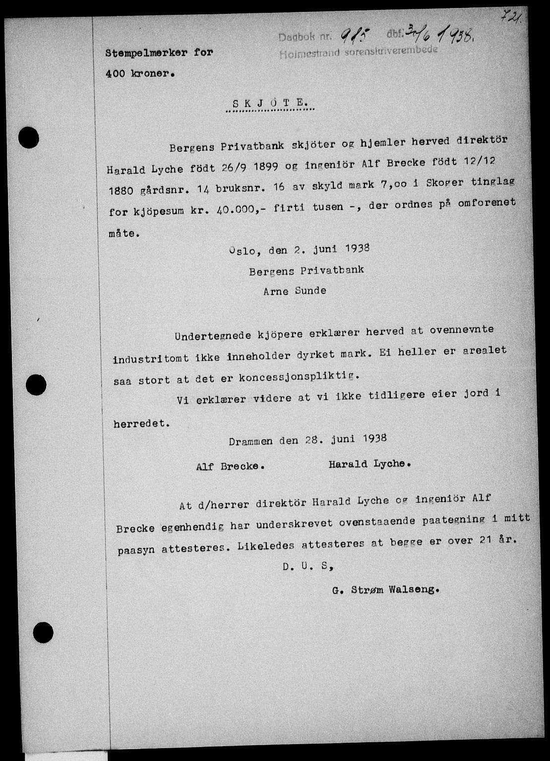 Holmestrand sorenskriveri, SAKO/A-67/G/Ga/Gaa/L0049: Pantebok nr. A-49, 1937-1938, Dagboknr: 915/1938